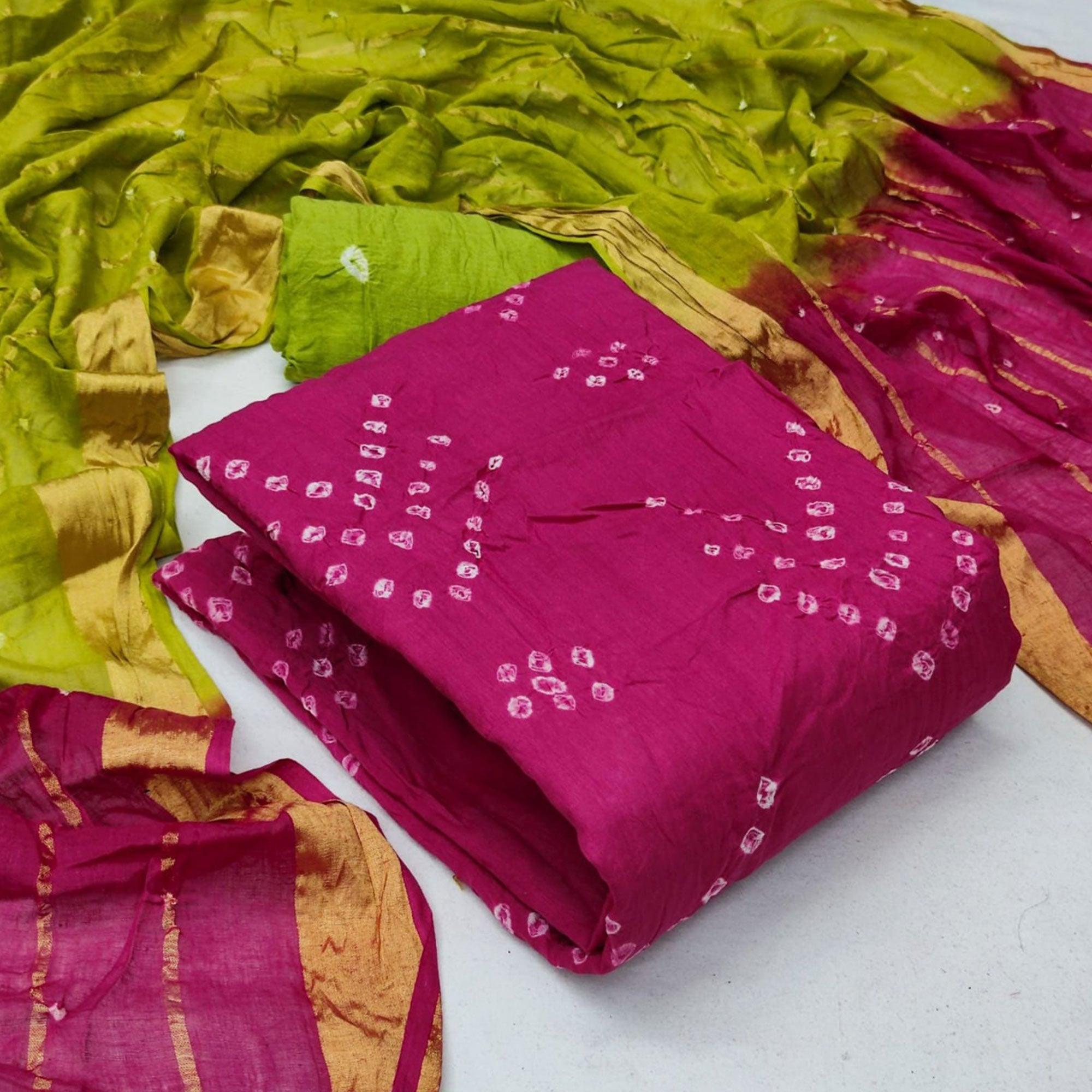 Pink Bandhani Printed Pure Cotton Dress Material - Peachmode