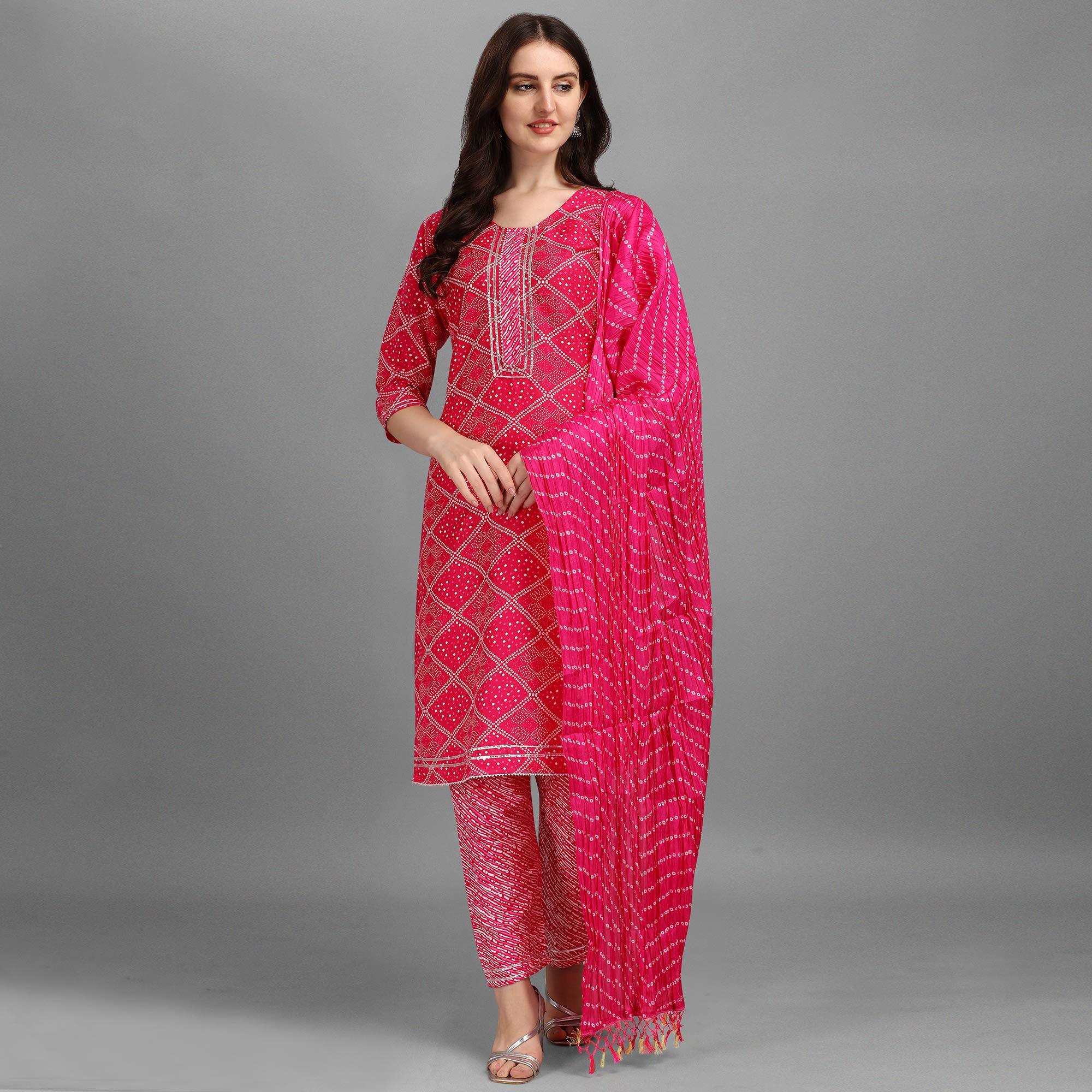 Pink Bandhani Printed Rayon Kurti Pant Set With Dupatta - Peachmode