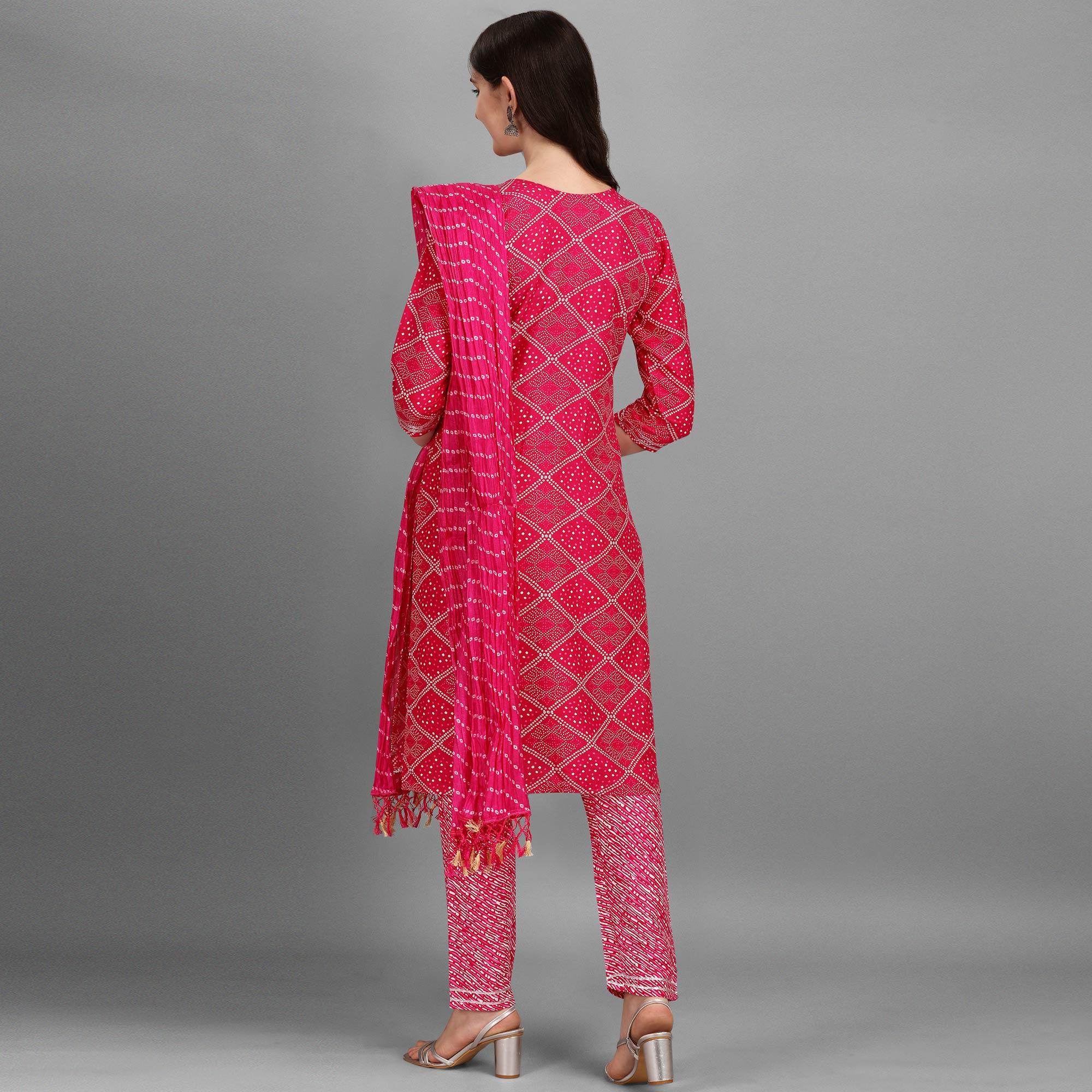 Pink Bandhani Printed Rayon Kurti Pant Set With Dupatta - Peachmode