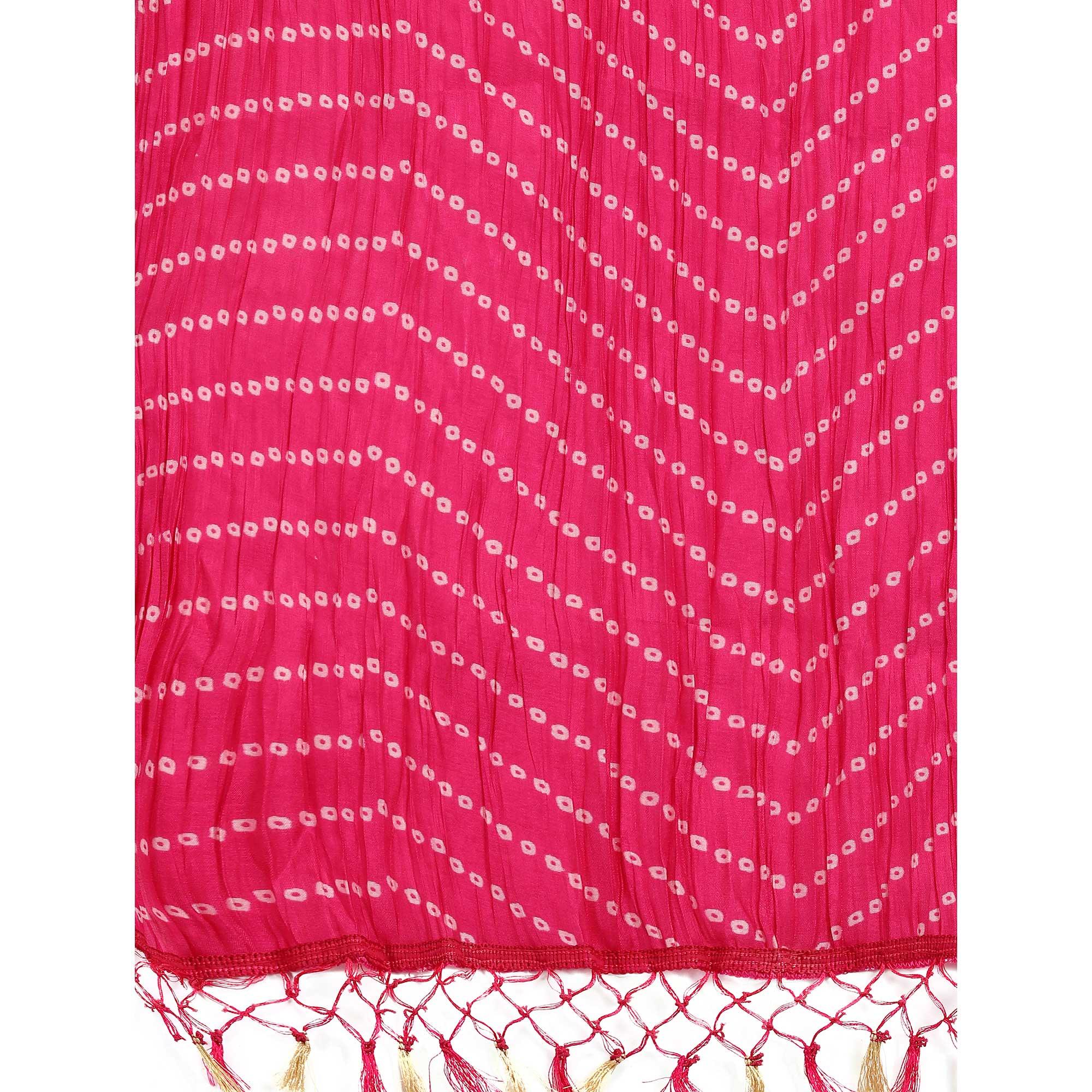 Pink Bandhani Printed Rayon Kurti Pant Set With Dupatta - Peachmode