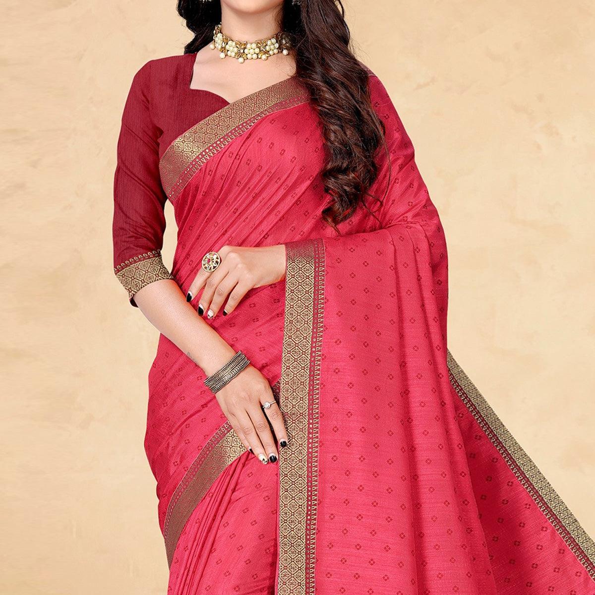 Pink Bandhani Printed Vichitra Silk Saree - Peachmode