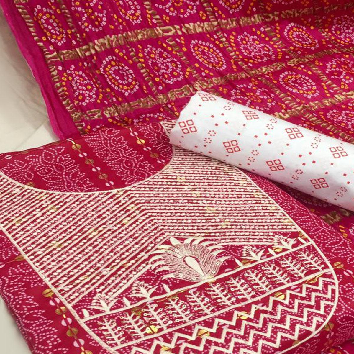 Pink Bandhani Printed With Embellished Cotton Blend Dress Material - Peachmode