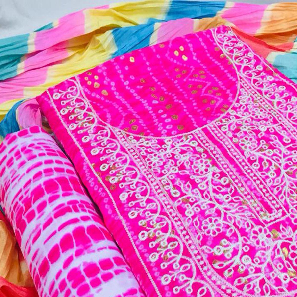 Pink Bandhani Printed With Embellished Cotton Blend Dress Material - Peachmode