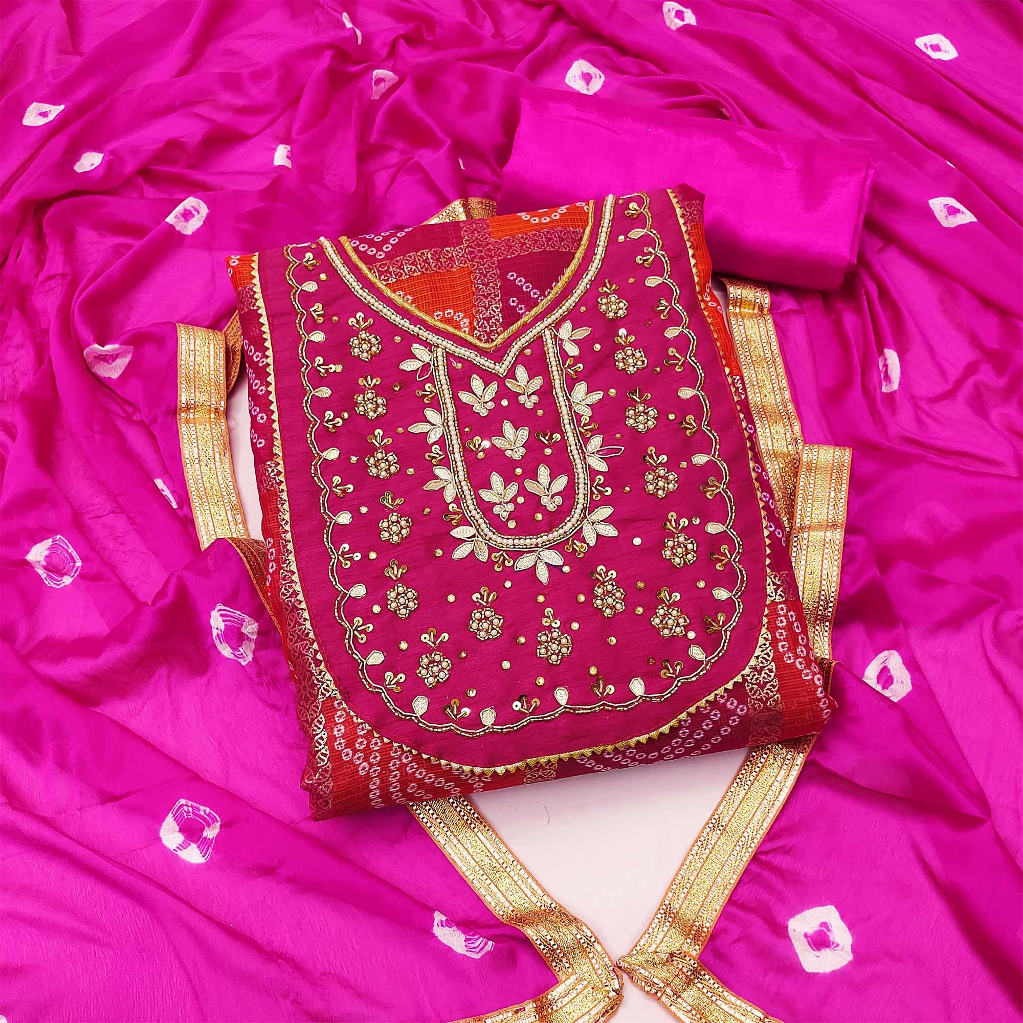 Pink Bandhani Printed With Embellished Khaadi Dress Material - Peachmode