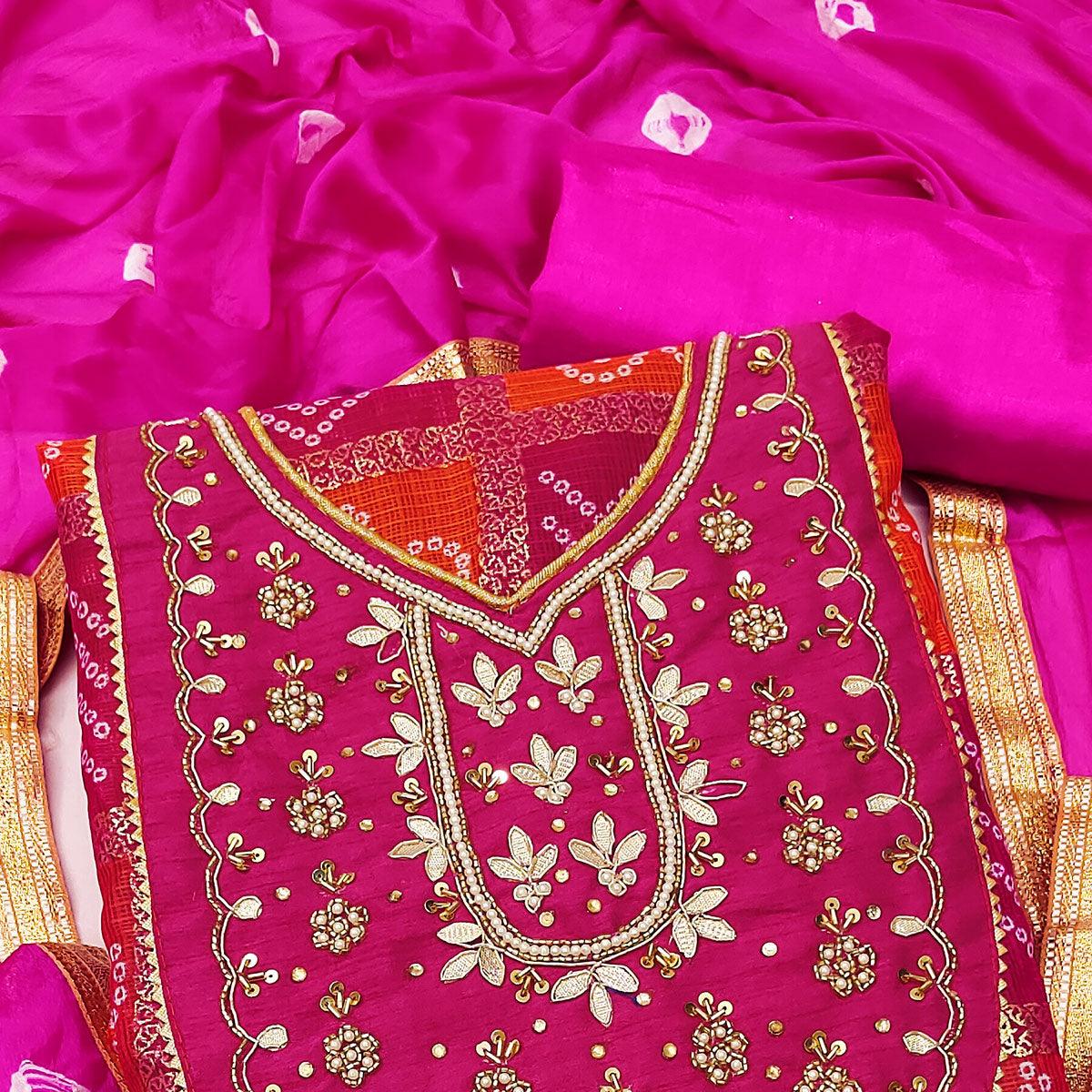 Pink Bandhani Printed With Embellished Khaadi Dress Material - Peachmode
