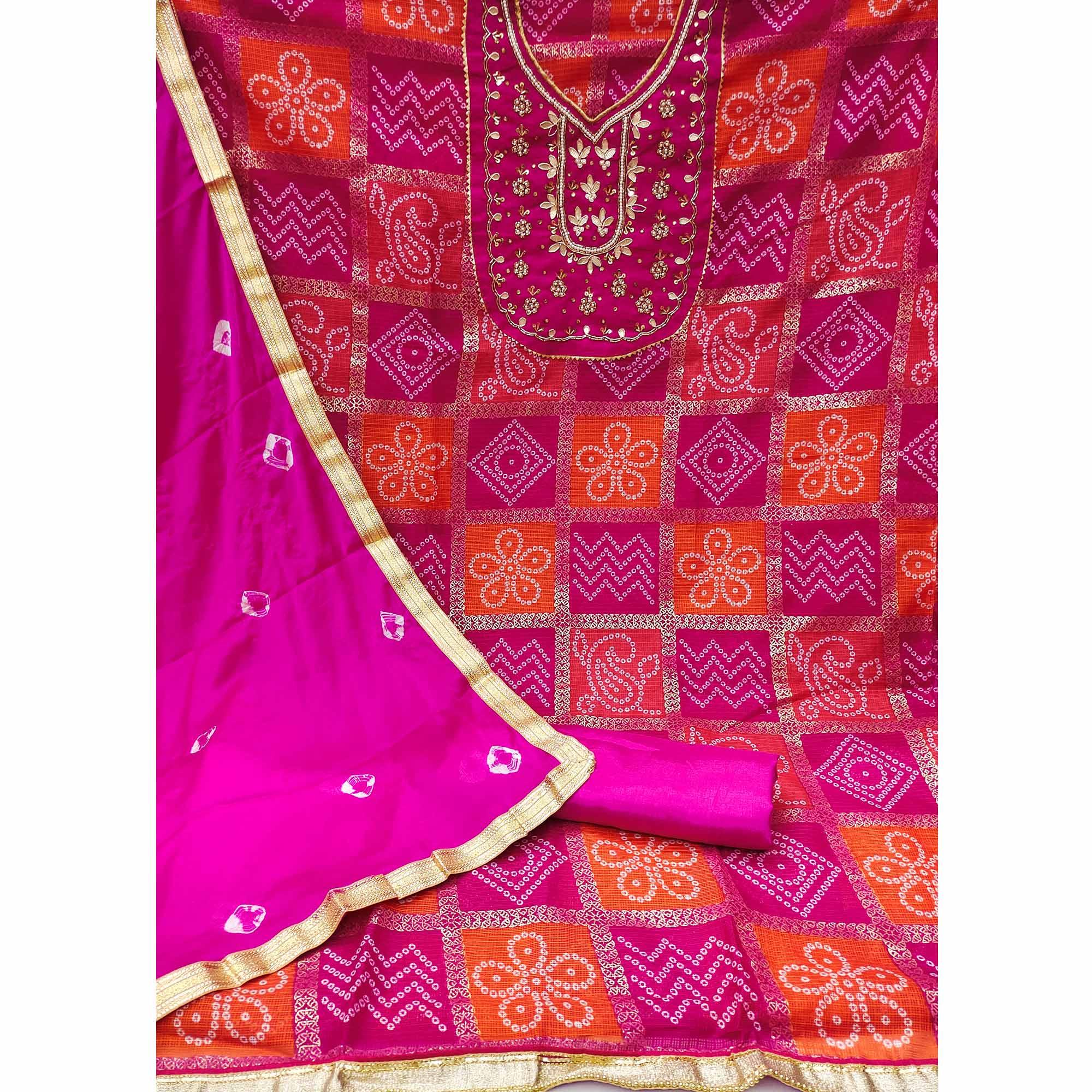Pink Bandhani Printed With Embellished Khaadi Dress Material - Peachmode