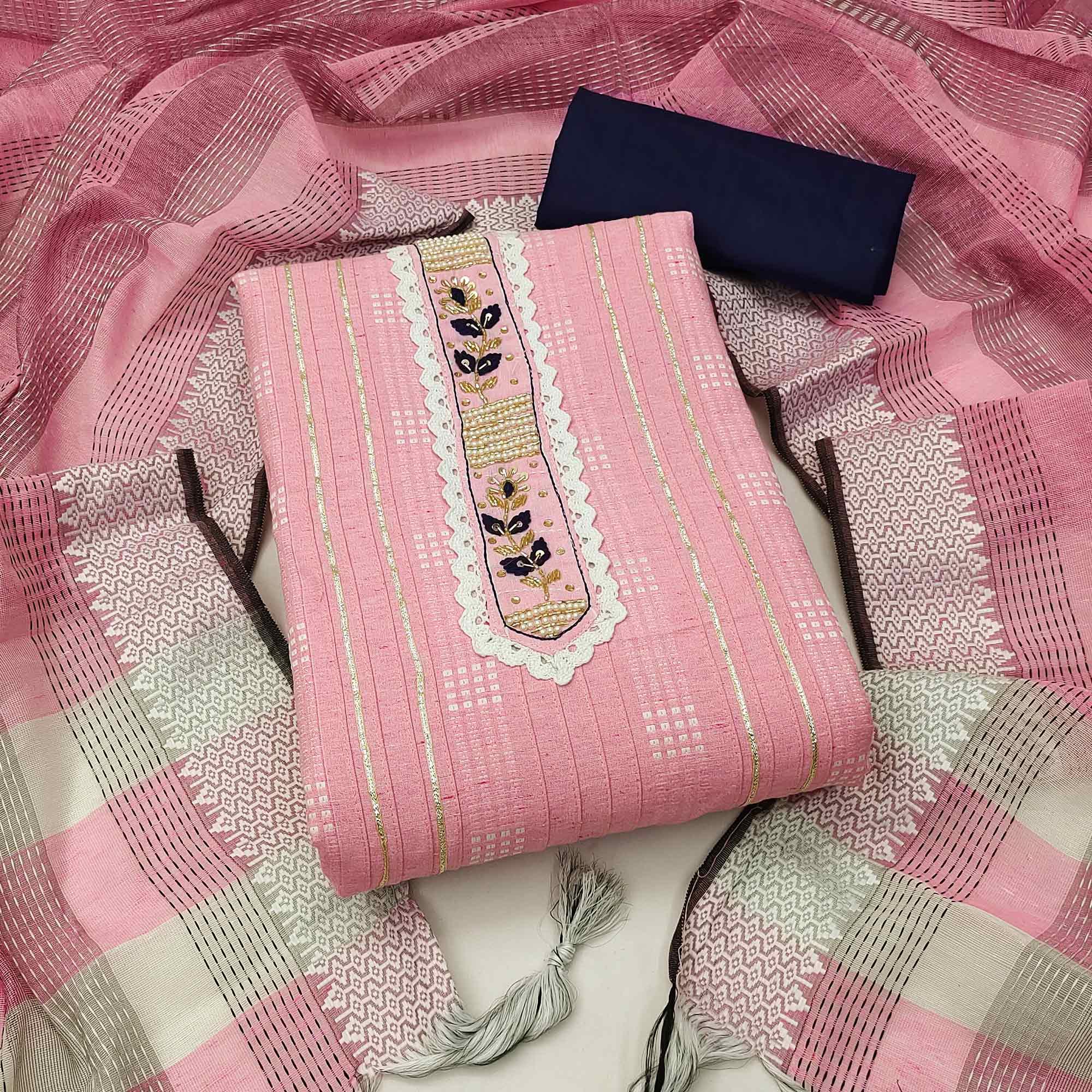 Pink Bandhani Printed With Embellished Poly Cotton Dress Material - Peachmode