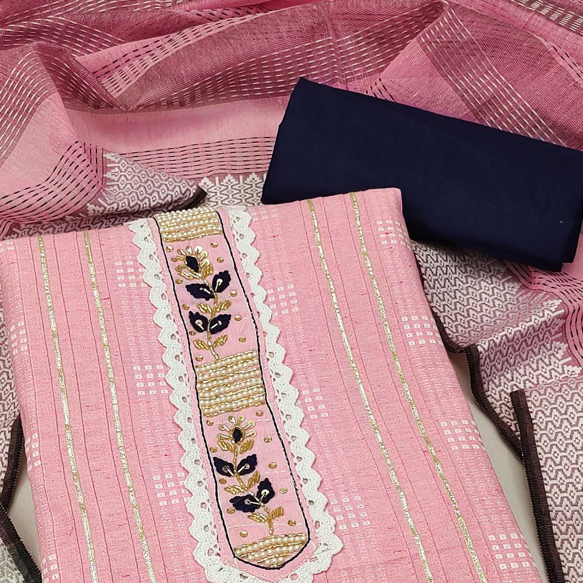 Pink Bandhani Printed With Embellished Poly Cotton Dress Material - Peachmode