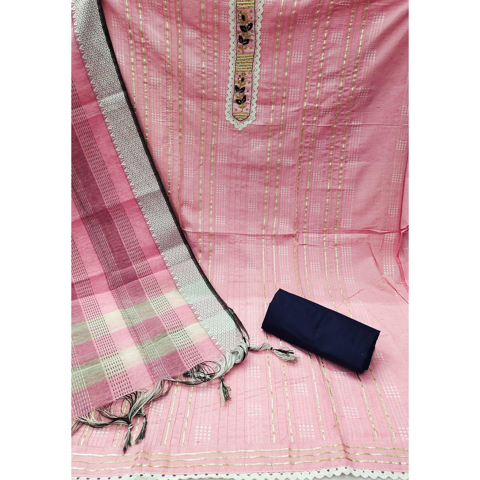 Pink Bandhani Printed With Embellished Poly Cotton Dress Material - Peachmode