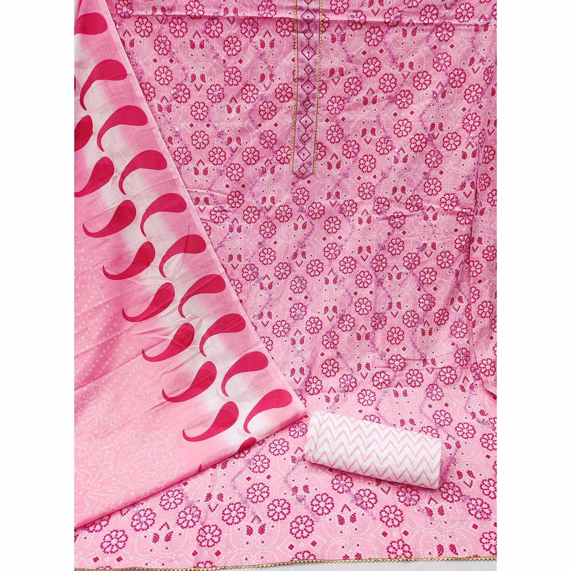 Pink Bandhani Printed With Embroidered Poly Cotton Dress Material - Peachmode