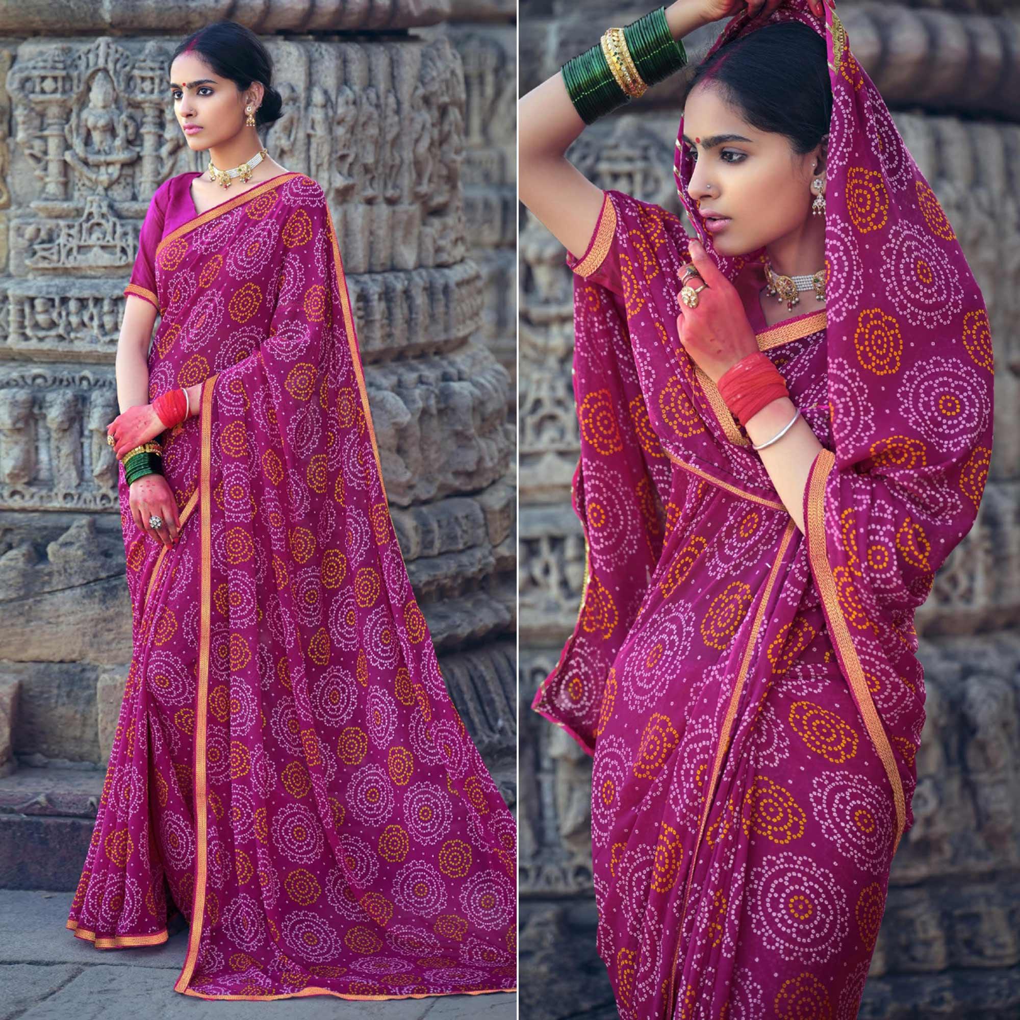 Pink Bandhani Printed With Fancy Border Chiffon Saree - Peachmode