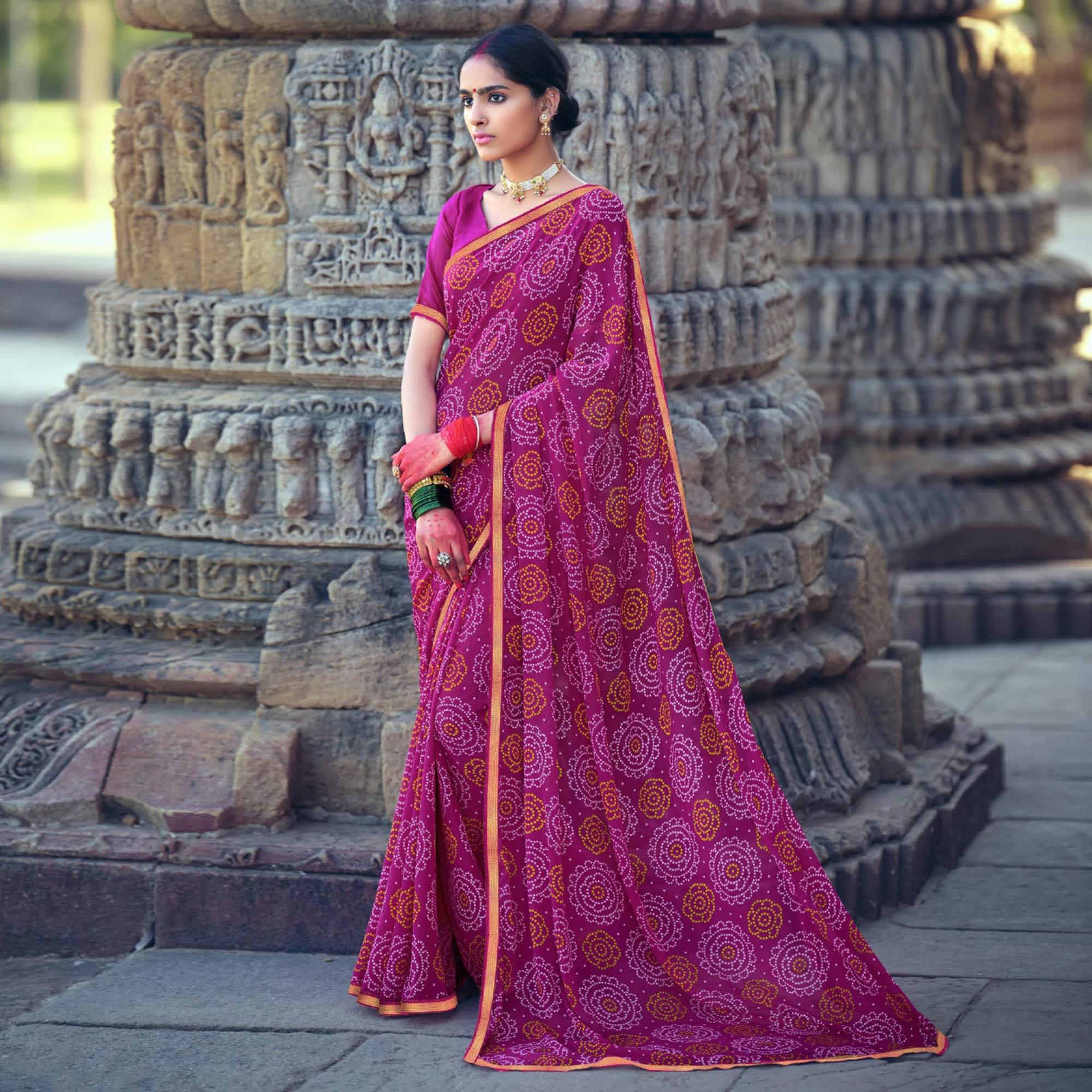 Pink Bandhani Printed With Fancy Border Chiffon Saree - Peachmode