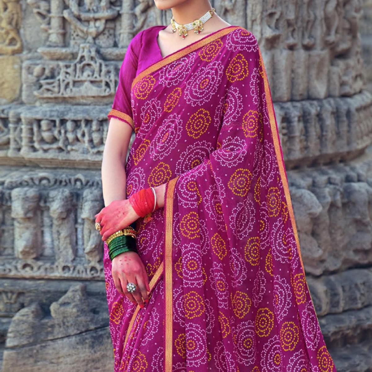 Pink Bandhani Printed With Fancy Border Chiffon Saree - Peachmode