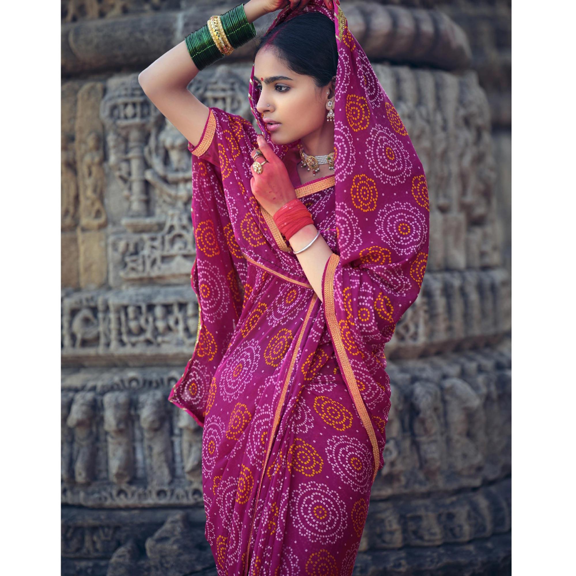 Pink Bandhani Printed With Fancy Border Chiffon Saree - Peachmode