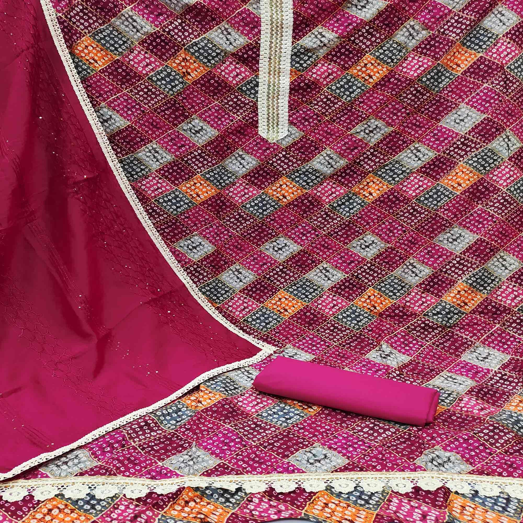 Pink Bandhani Printed With Sequence Work Pure Cotton Dress Material - Peachmode