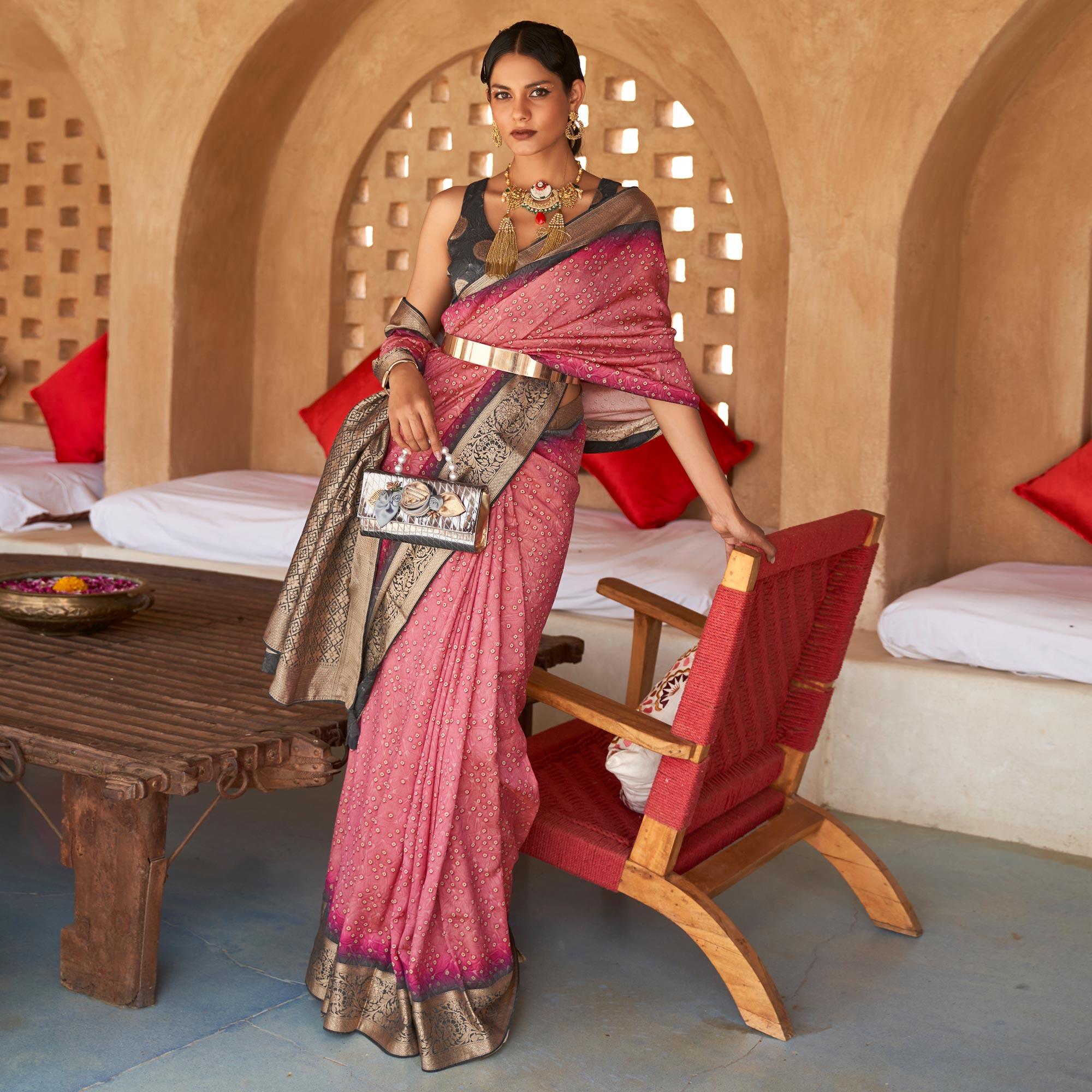 Pink Bandhani Printed With Woven Border Art Silk Saree - Peachmode