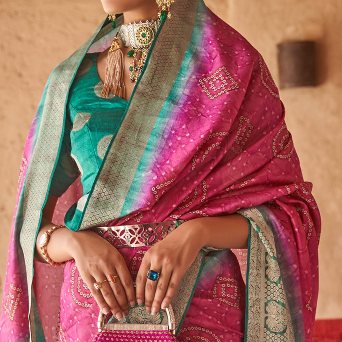 Pink Bandhani Printed With Woven Border Art Silk Saree - Peachmode