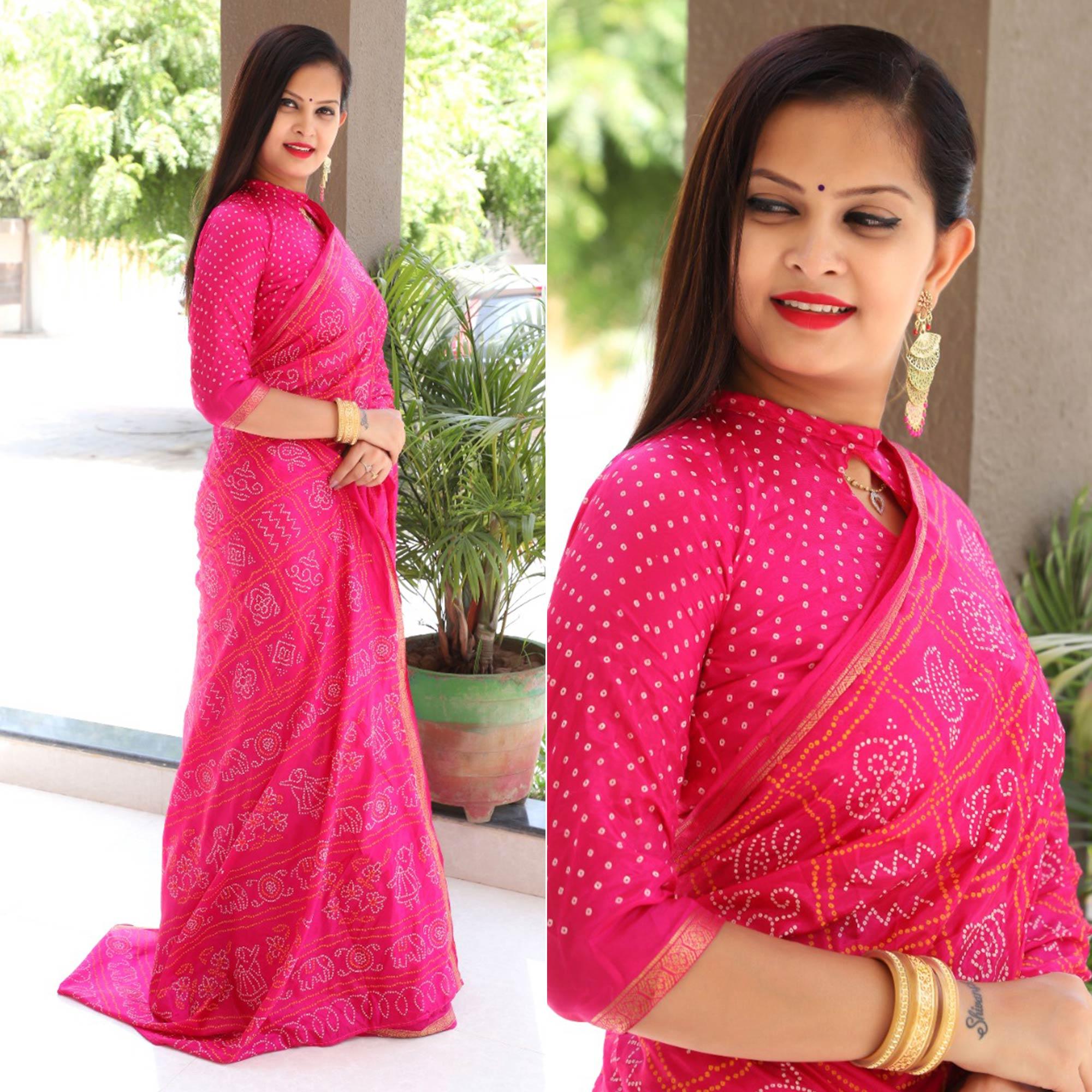 Pink Bandhani Printed With Woven Border Tapetta Silk Saree - Peachmode