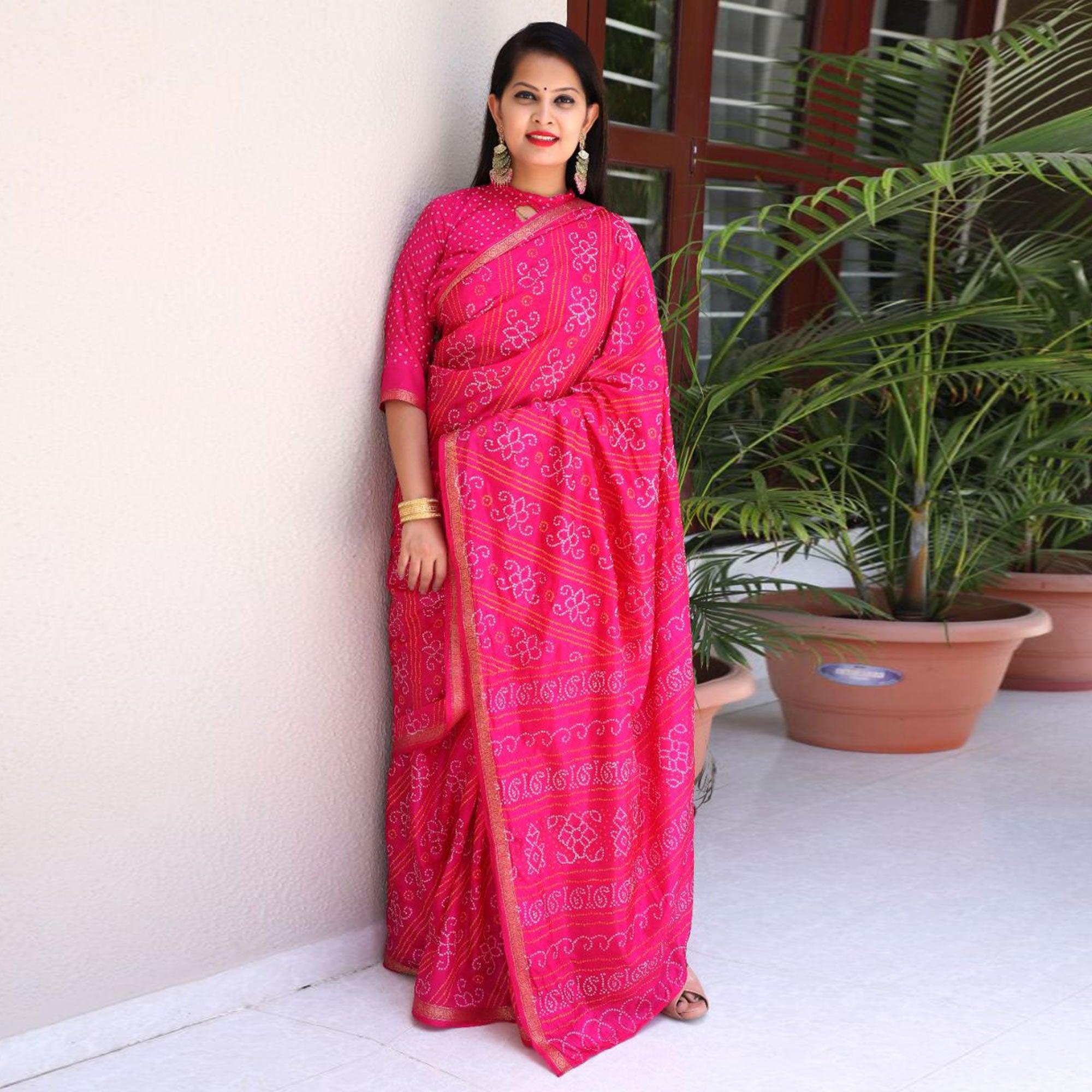 Pink Bandhani Printed With Woven Border Tapetta Silk Saree - Peachmode