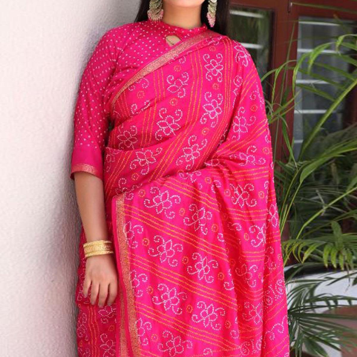 Pink Bandhani Printed With Woven Border Tapetta Silk Saree - Peachmode