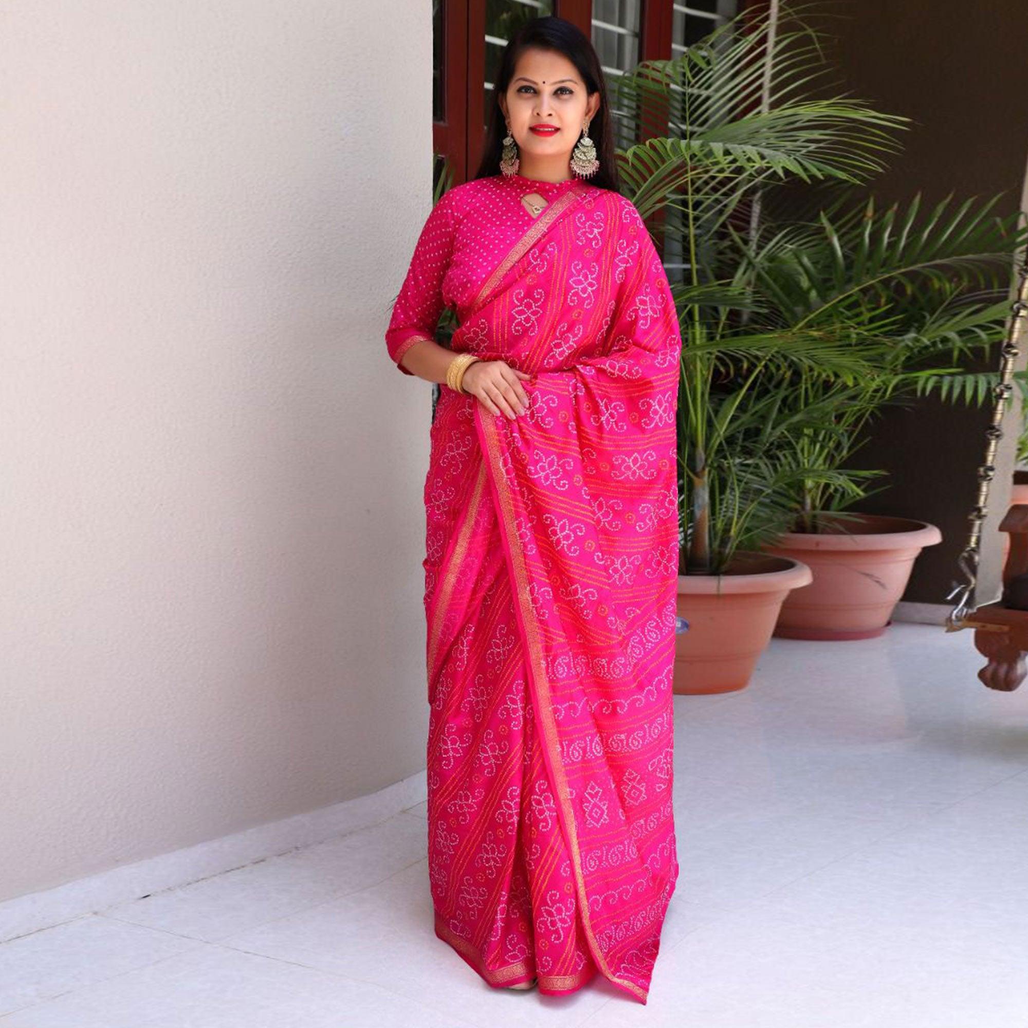 Pink Bandhani Printed With Woven Border Tapetta Silk Saree - Peachmode