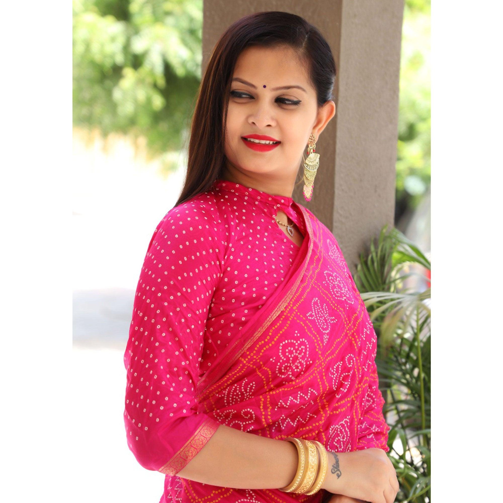 Pink Bandhani Printed With Woven Border Tapetta Silk Saree - Peachmode