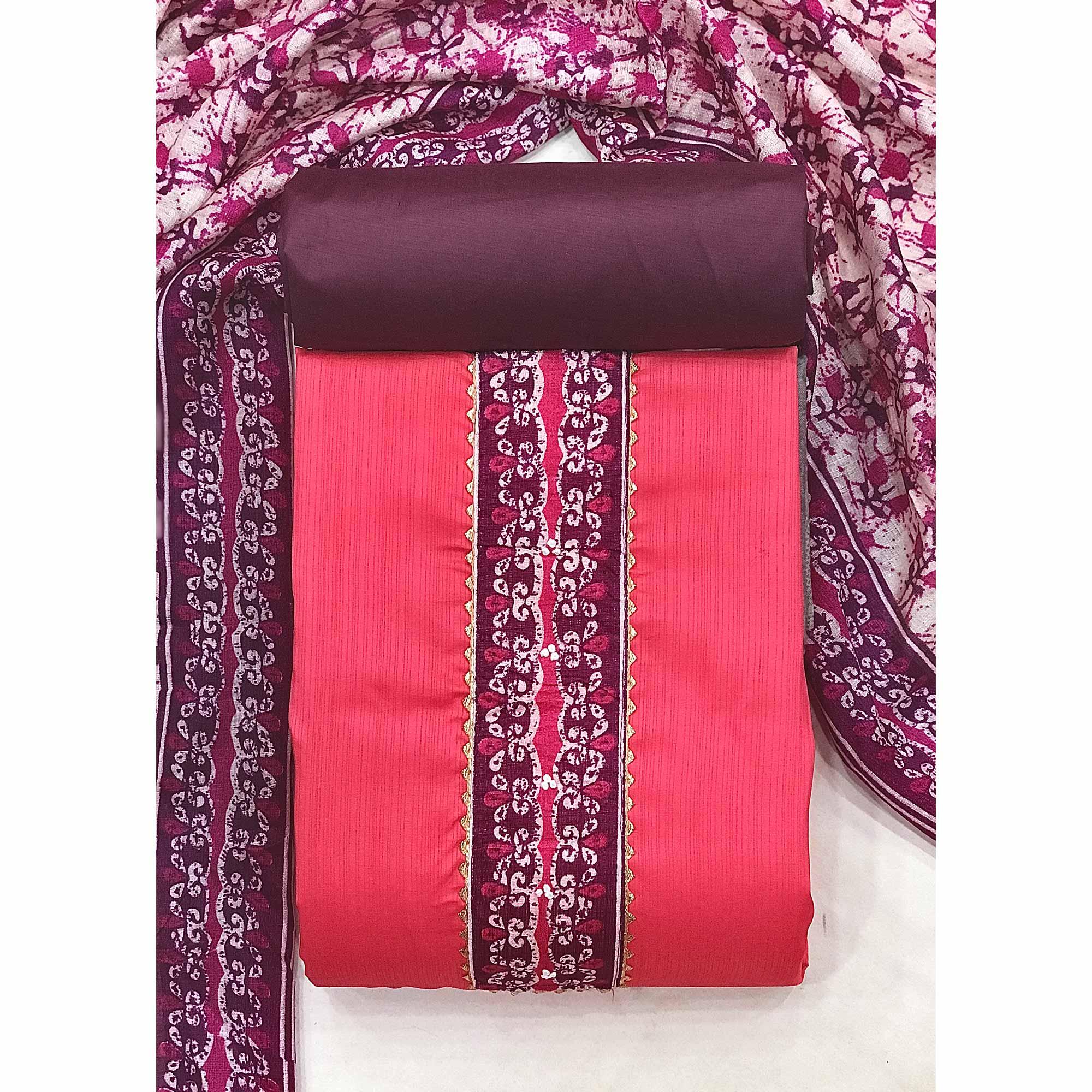Pink Batik Printed Art Silk Dress Material - Peachmode