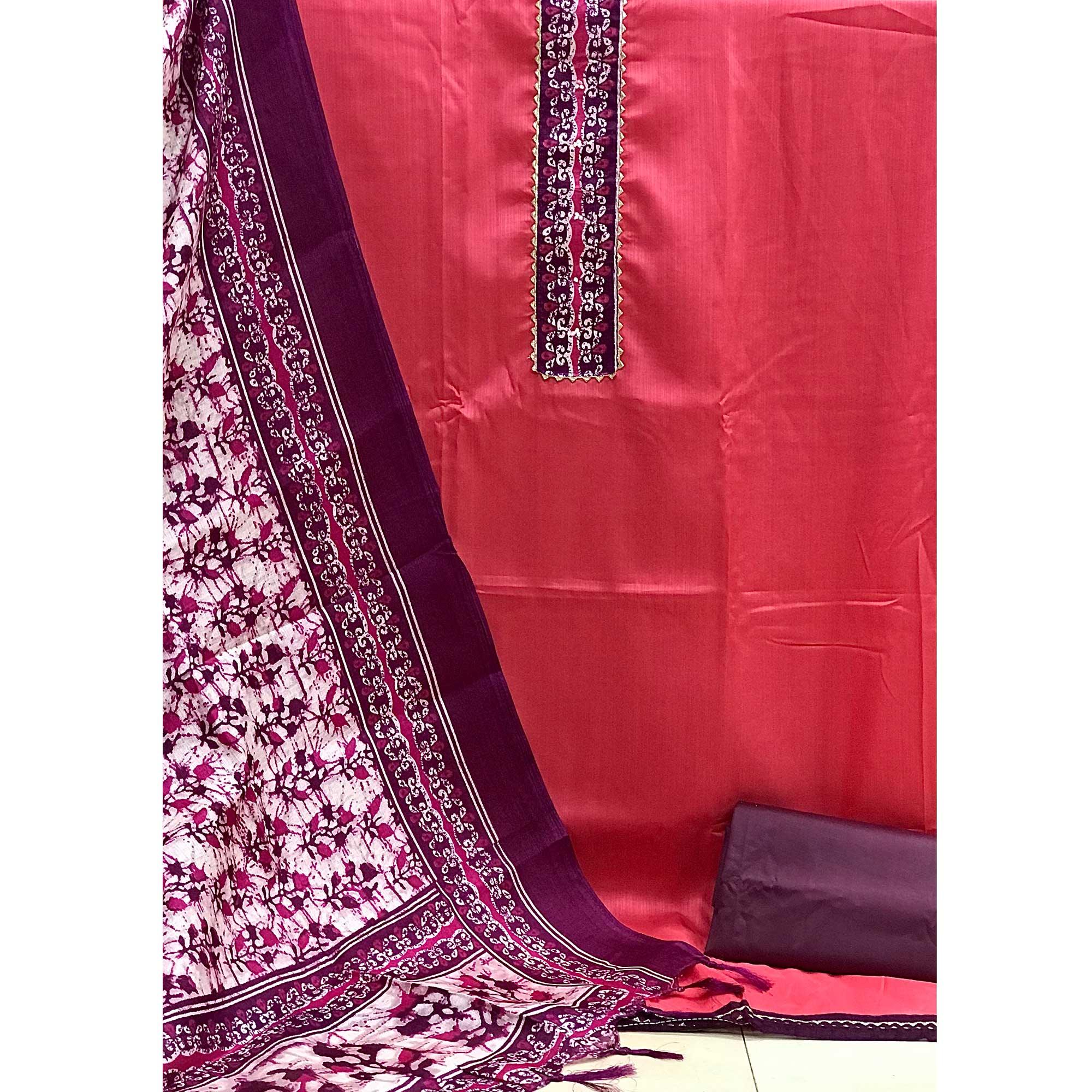 Pink Batik Printed Art Silk Dress Material - Peachmode