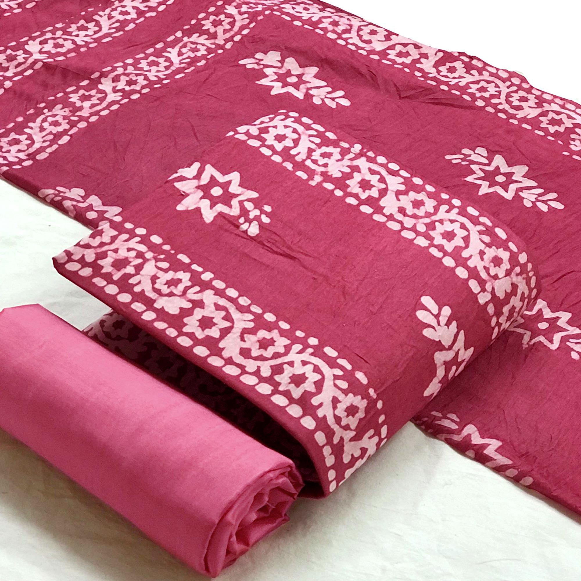 Pink Batik Printed Chanderi Dress Material - Peachmode