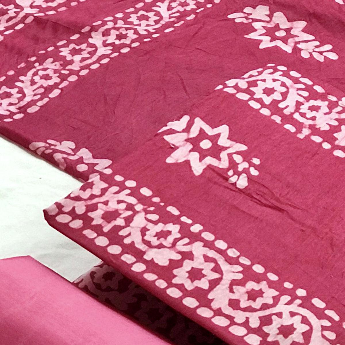 Pink Batik Printed Chanderi Dress Material - Peachmode