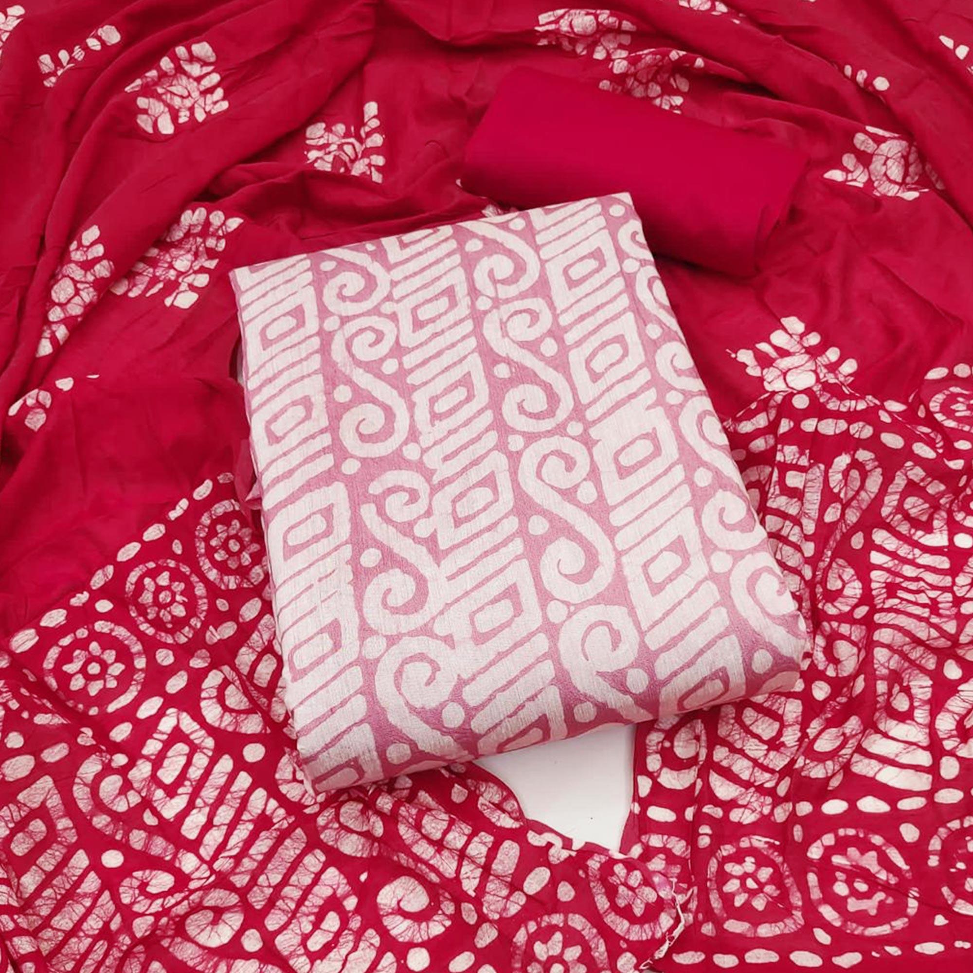 Pink Batik Printed Poly Cotton Dress Material - Peachmode