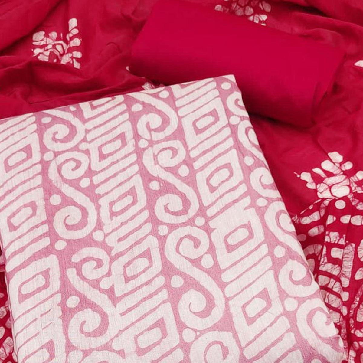 Pink Batik Printed Poly Cotton Dress Material - Peachmode