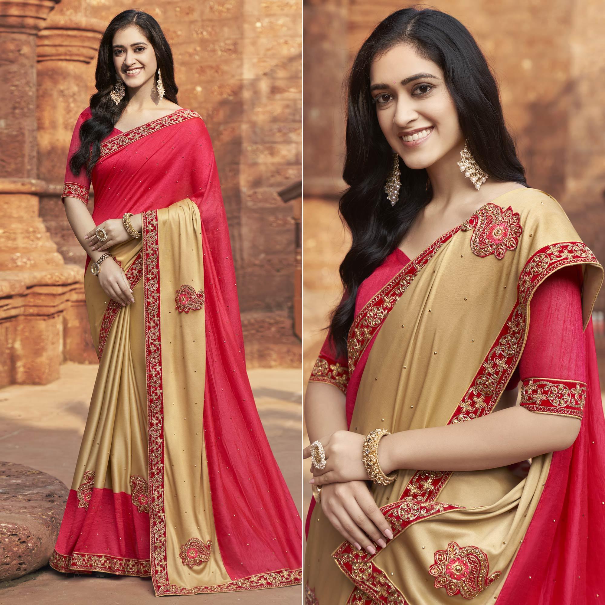 Pink-Beige Embroidered With Embellished Fancy Fabric Half & Half Saree - Peachmode