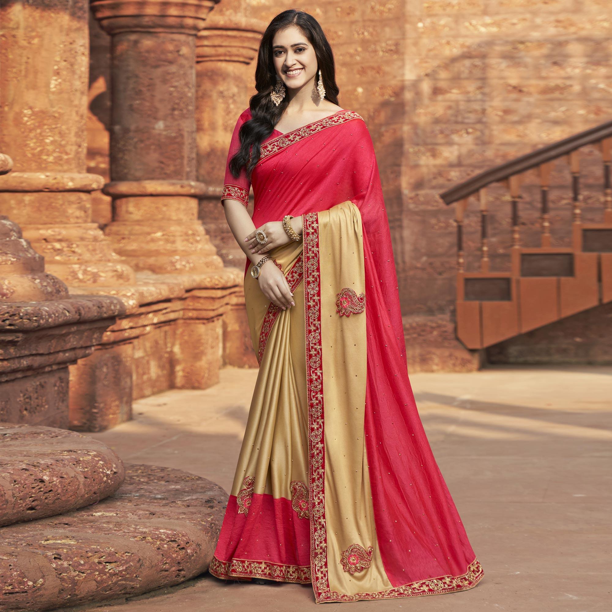 Pink-Beige Embroidered With Embellished Fancy Fabric Half & Half Saree - Peachmode