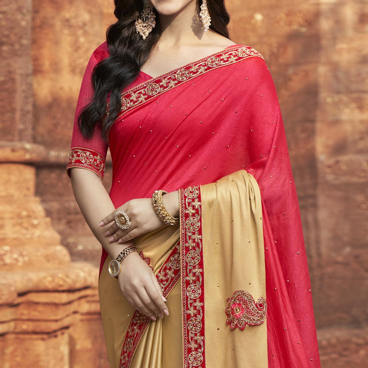 Pink-Beige Embroidered With Embellished Fancy Fabric Half & Half Saree - Peachmode