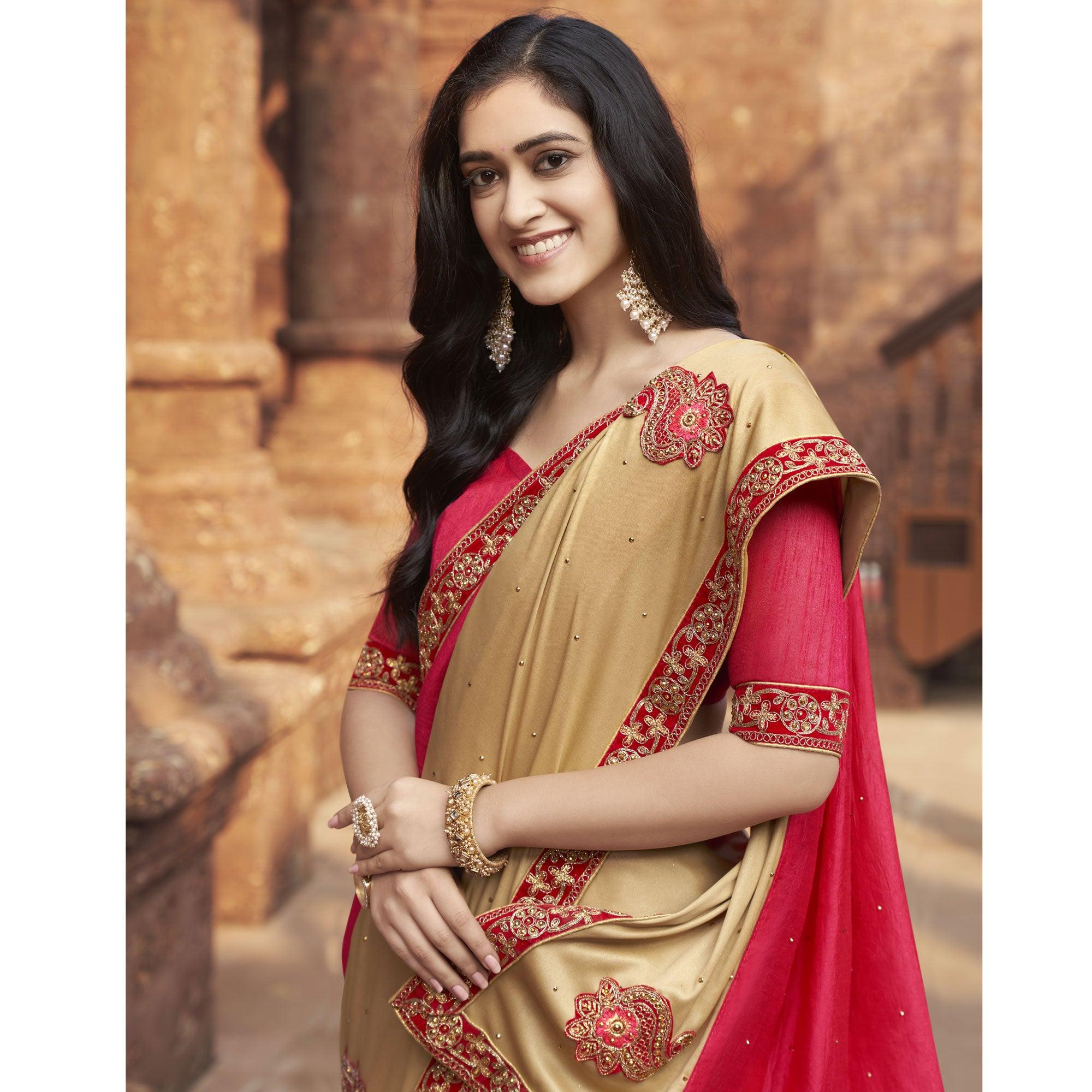 Pink-Beige Embroidered With Embellished Fancy Fabric Half & Half Saree - Peachmode