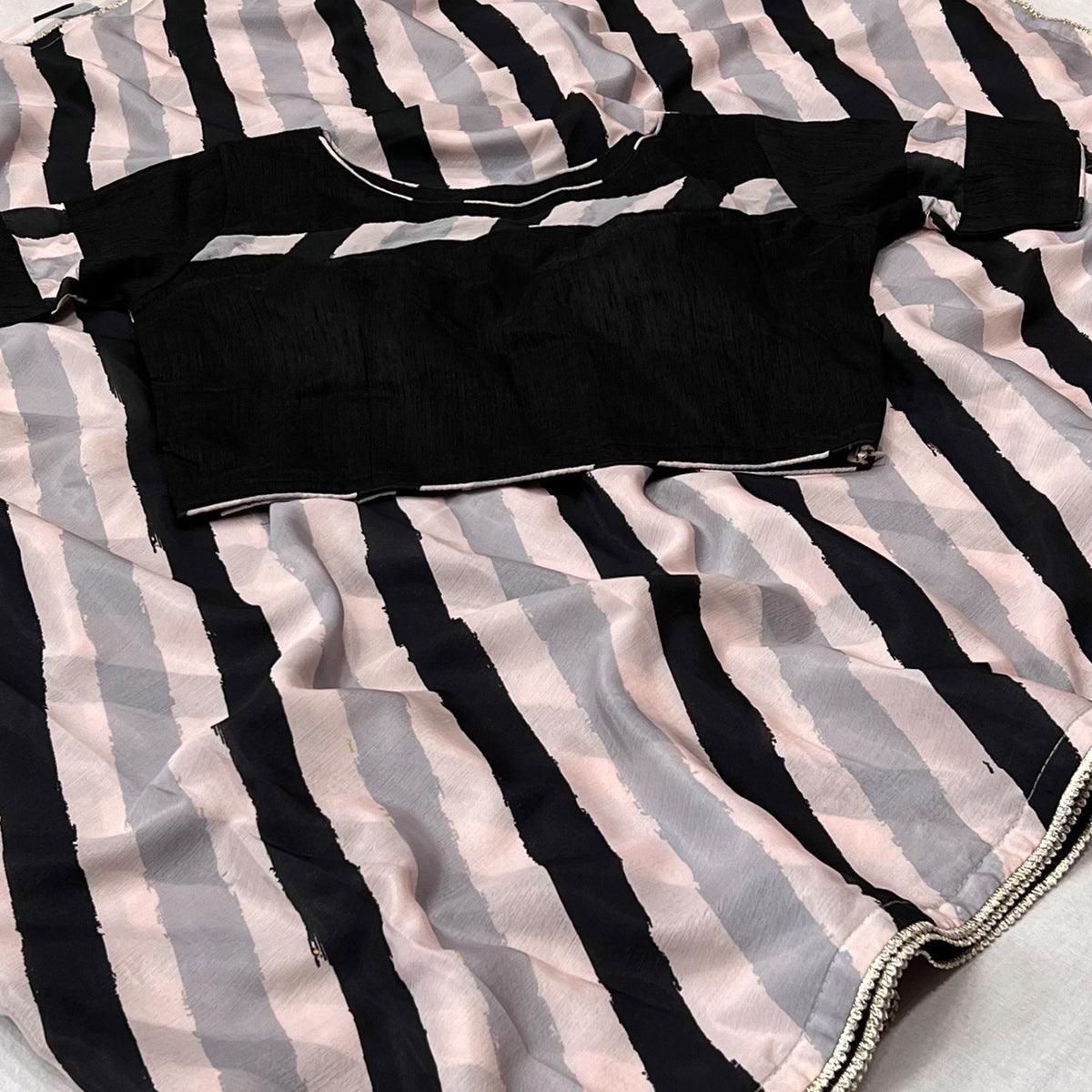 Pink-Black Printed Chiffon Saree - Peachmode