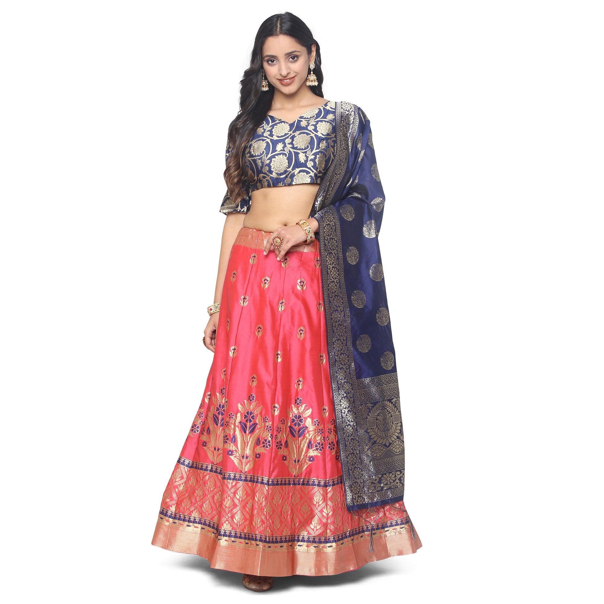 Pink-Blue Festive Wear Floral Woven Jacquard Lehenga Choli - Peachmode