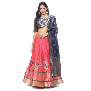 Pink-Blue Festive Wear Floral Woven Jacquard Lehenga Choli - Peachmode