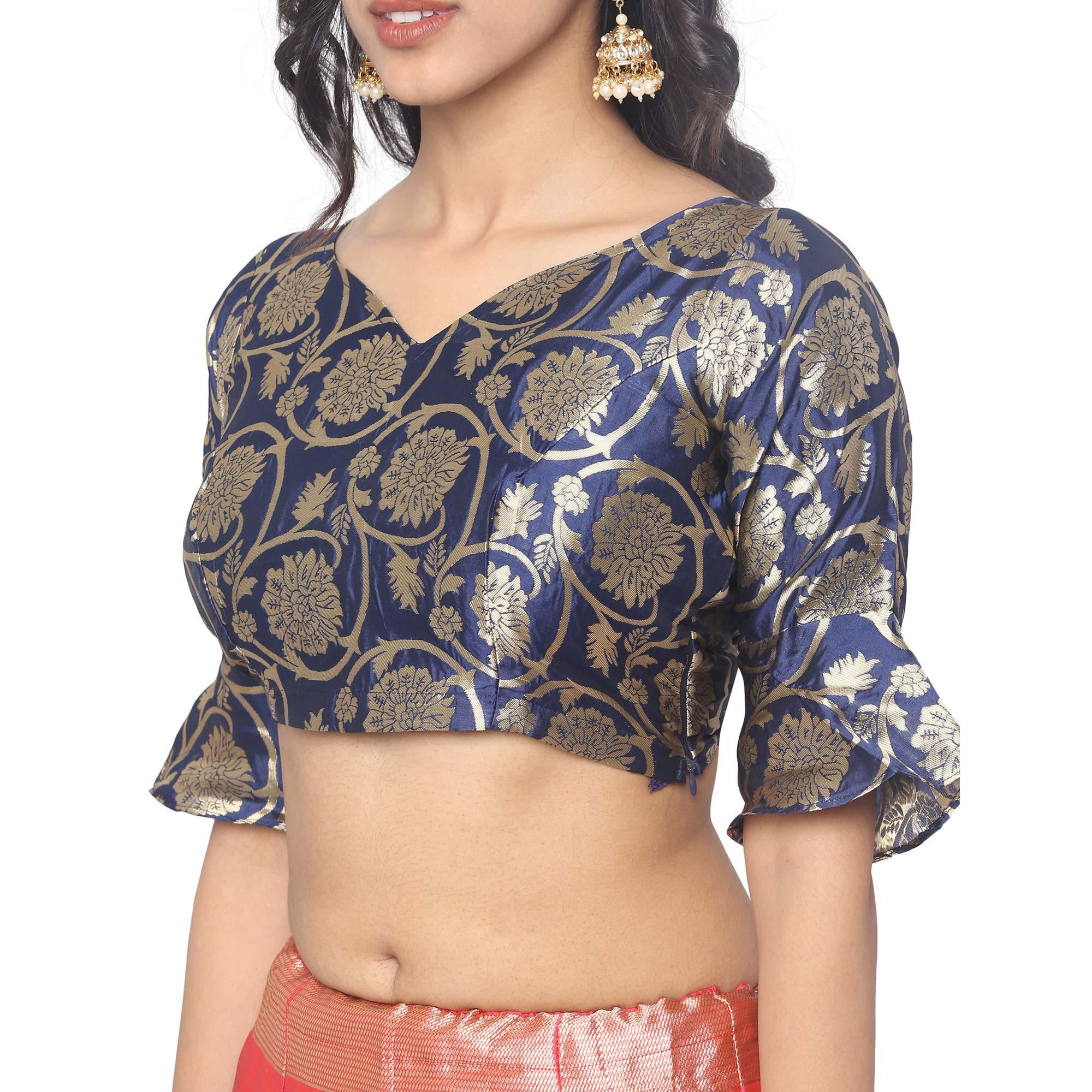 Pink-Blue Festive Wear Floral Woven Jacquard Lehenga Choli - Peachmode