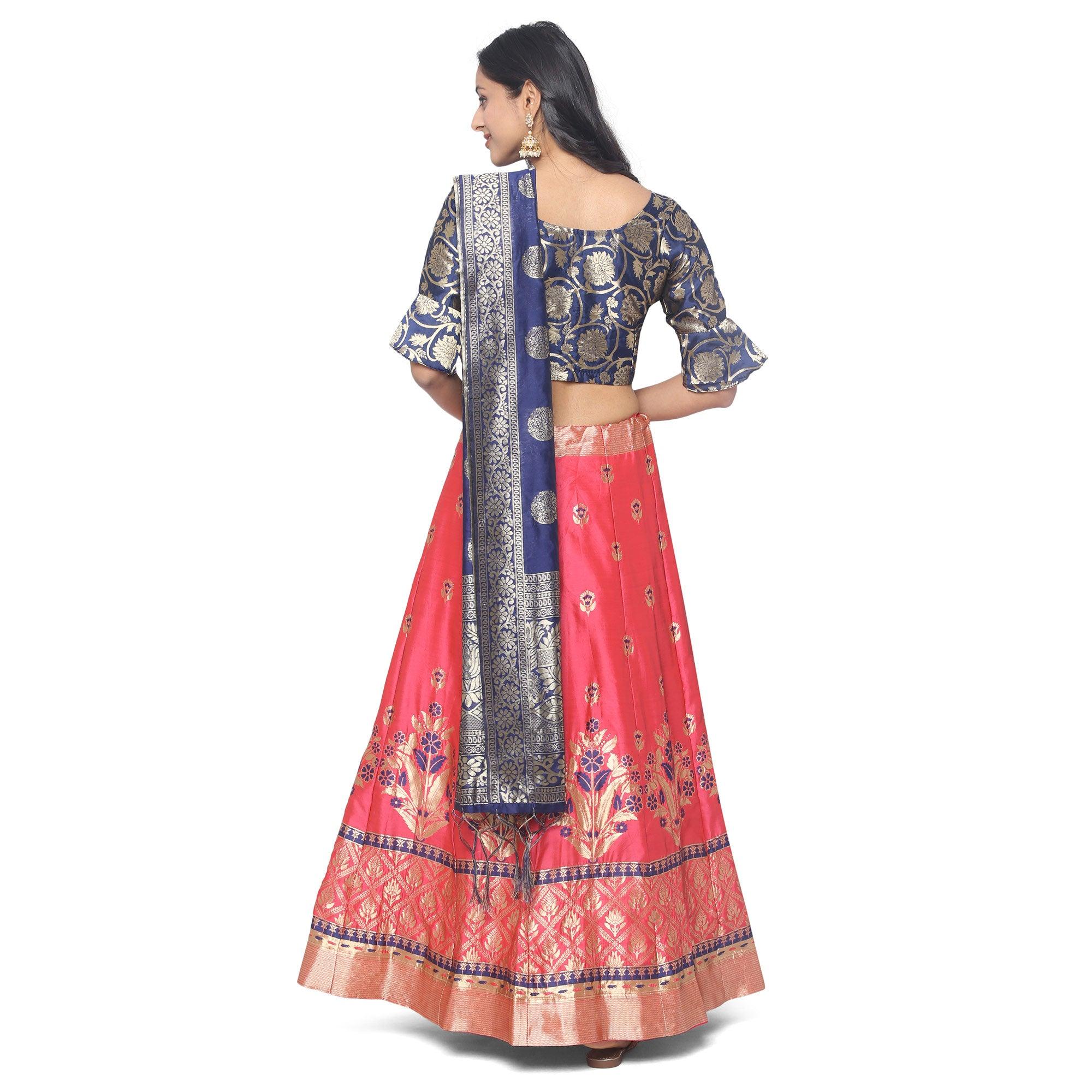 Pink-Blue Festive Wear Floral Woven Jacquard Lehenga Choli - Peachmode