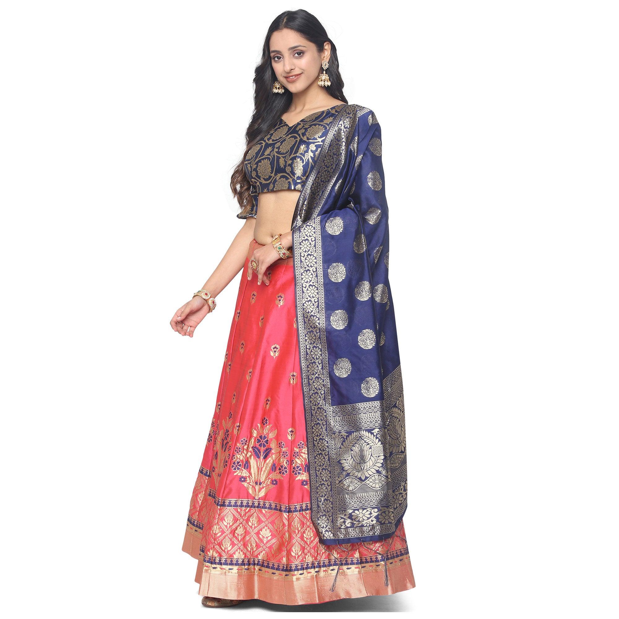 Pink-Blue Festive Wear Floral Woven Jacquard Lehenga Choli - Peachmode