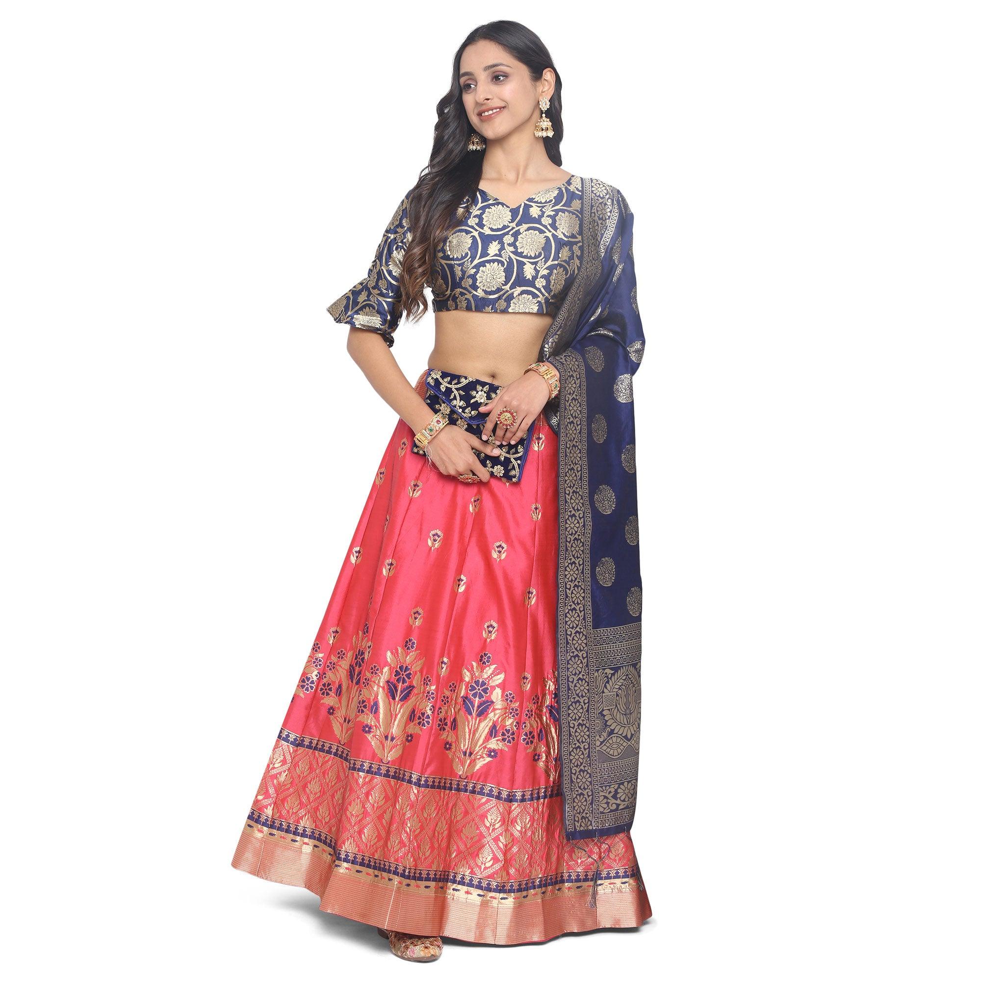 Pink-Blue Festive Wear Floral Woven Jacquard Lehenga Choli - Peachmode