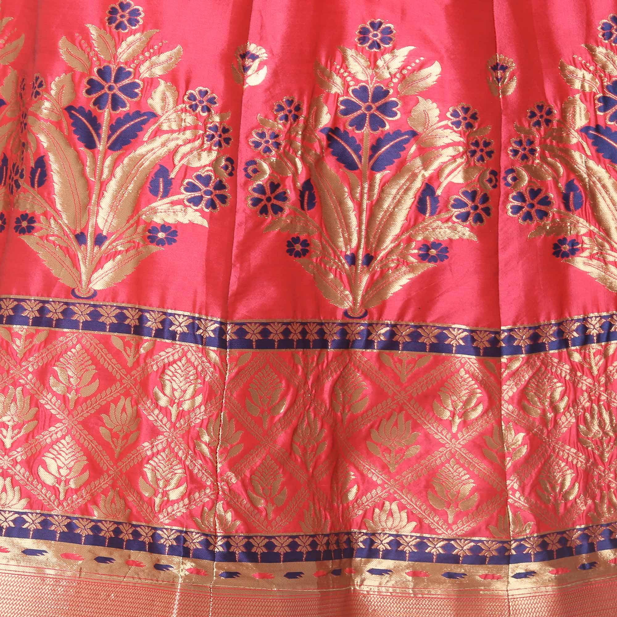 Pink-Blue Festive Wear Floral Woven Jacquard Lehenga Choli - Peachmode