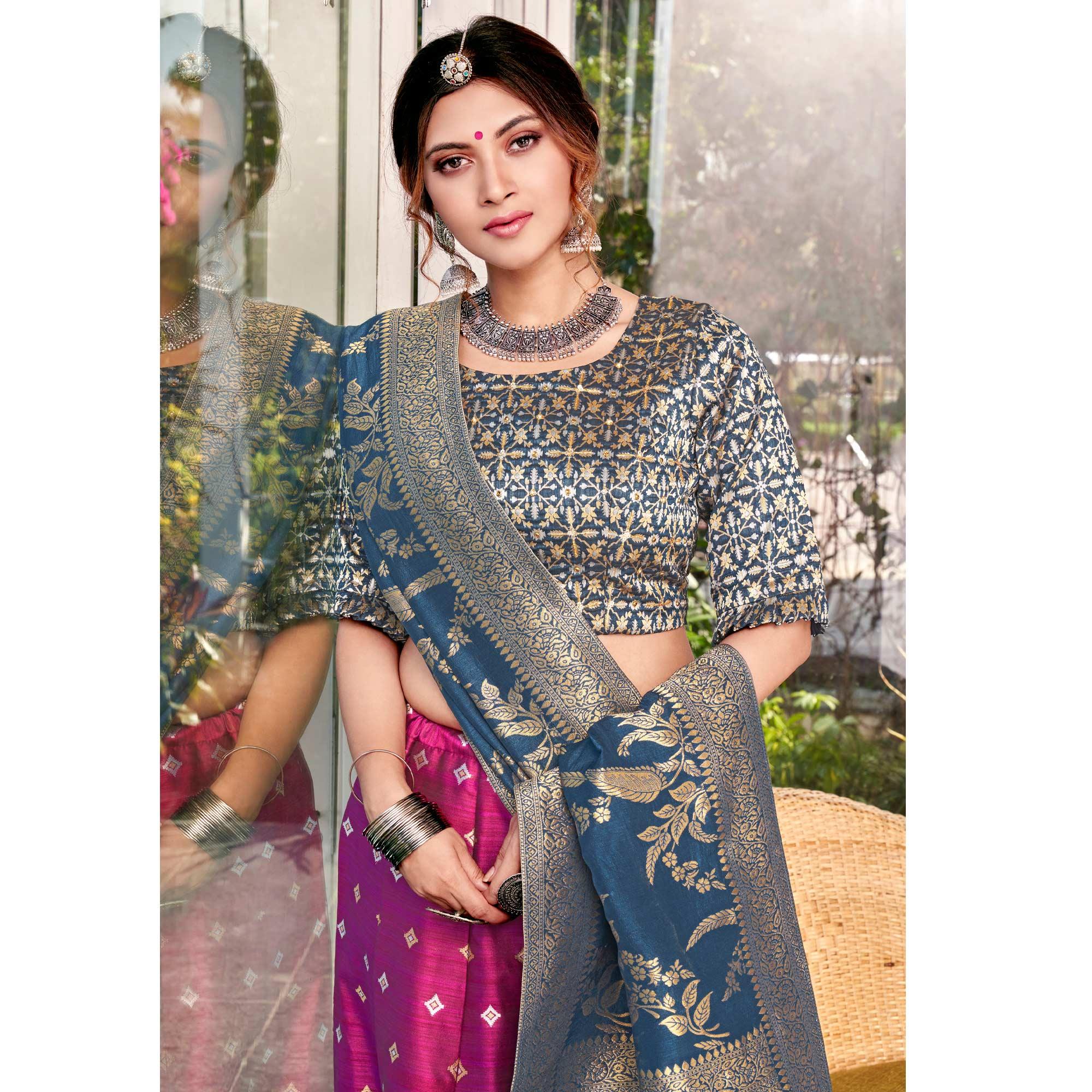 Pink-Blue Festive Wear Floral Woven Silk Lehenga Choli - Peachmode