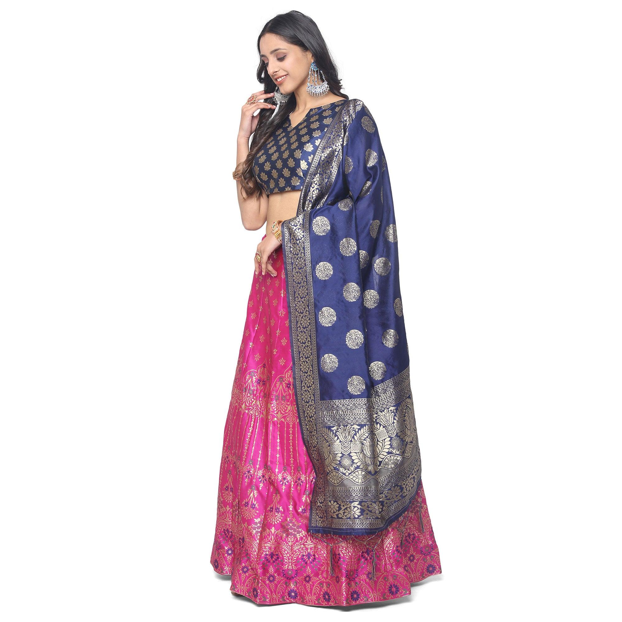 Pink-Blue Festive Wear Woven Jacquard Lehenga Choli - Peachmode