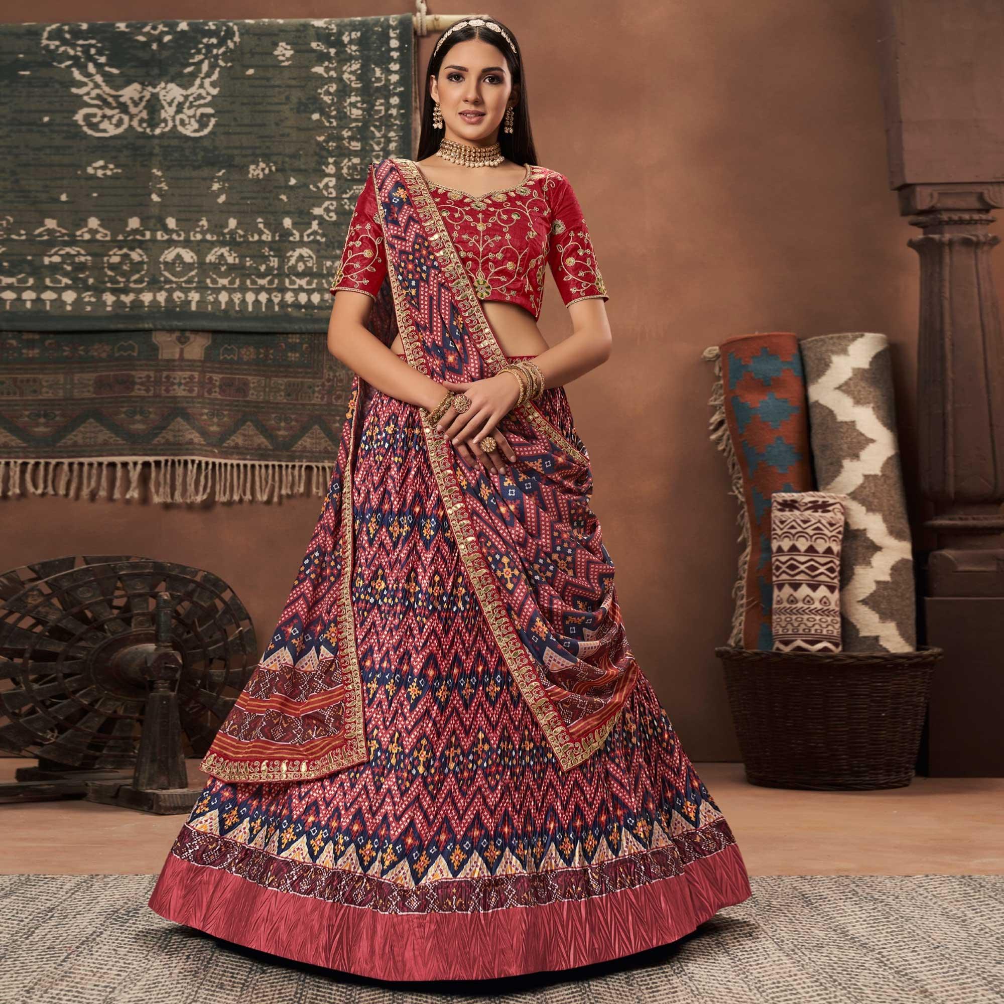 Pink-Blue Geometric Printed Art Silk Lehenga Choli - Peachmode