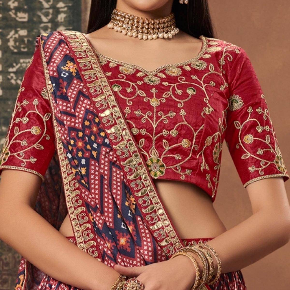 Pink-Blue Geometric Printed Art Silk Lehenga Choli - Peachmode