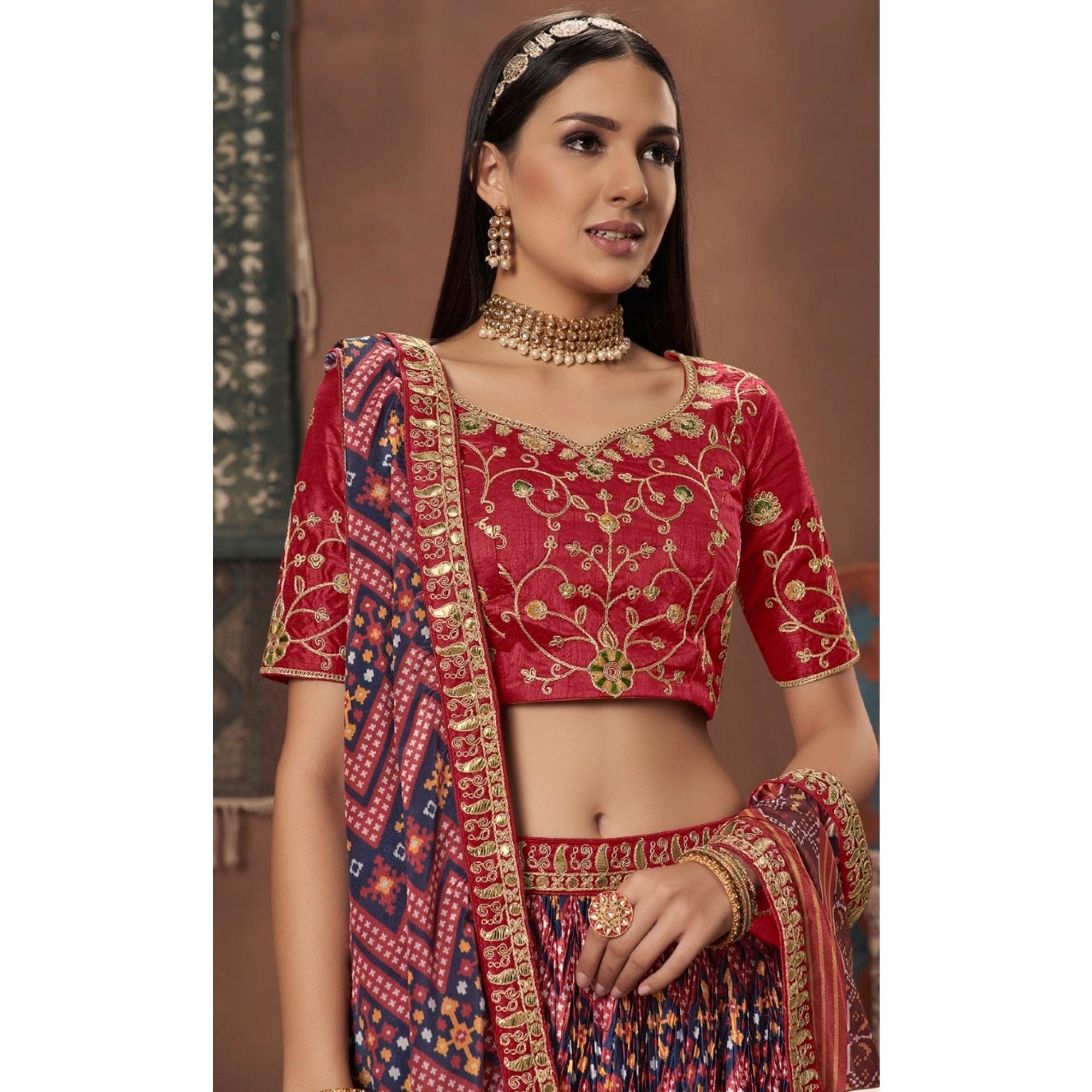 Pink-Blue Geometric Printed Art Silk Lehenga Choli - Peachmode