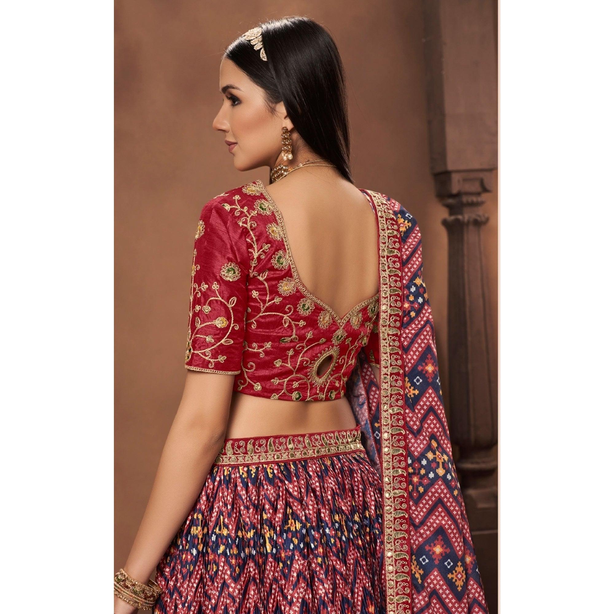 Pink-Blue Geometric Printed Art Silk Lehenga Choli - Peachmode